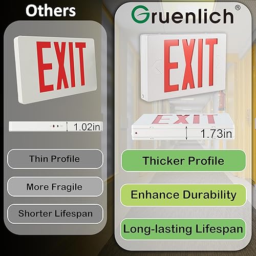 Miniatura 5 de Gruenlich Letrero LED de salida, luz de emergencia con doble cara y baterías de respaldo, letra roja estándar de EE. UU., calificado UL 924, voltaje