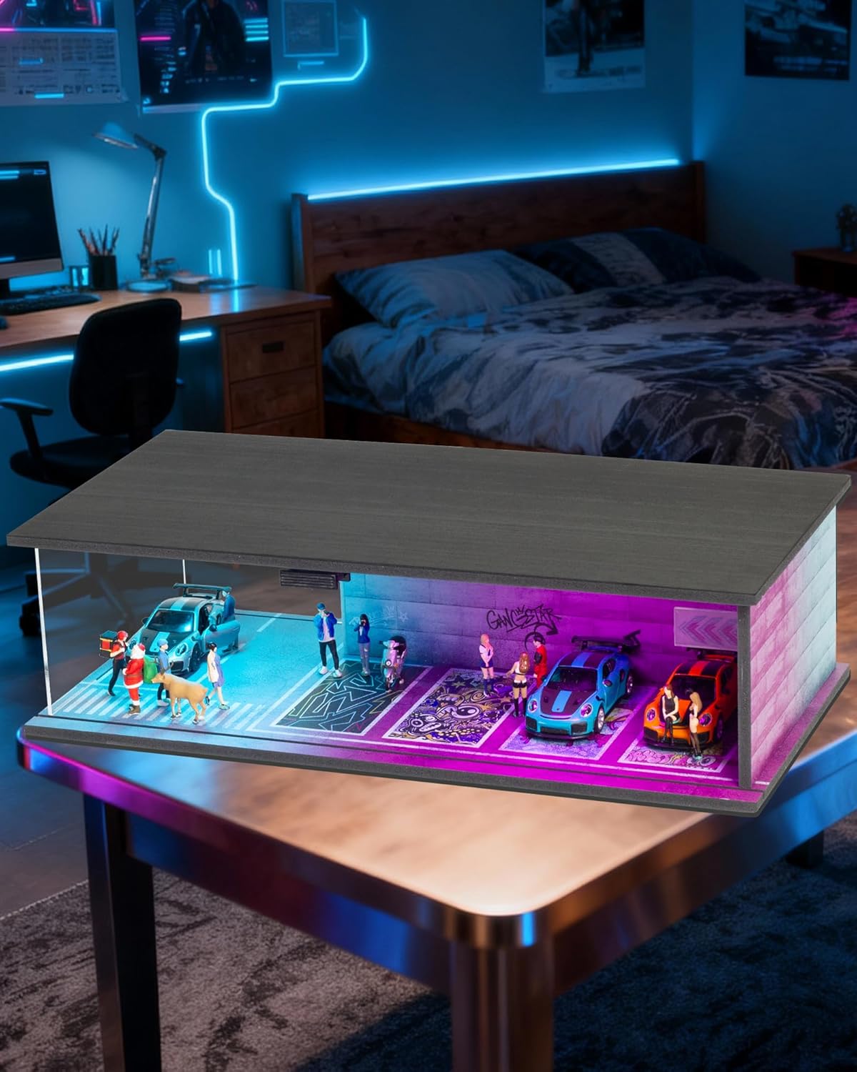 1/64 Scale Display Case Car Garage Moldel, Cyberpunk Style Acrylic Cover Diecast Car Show Case with LED Light 2 Parking Spaces for Toy Car Display and Storage (Vehicles Not Included) 06