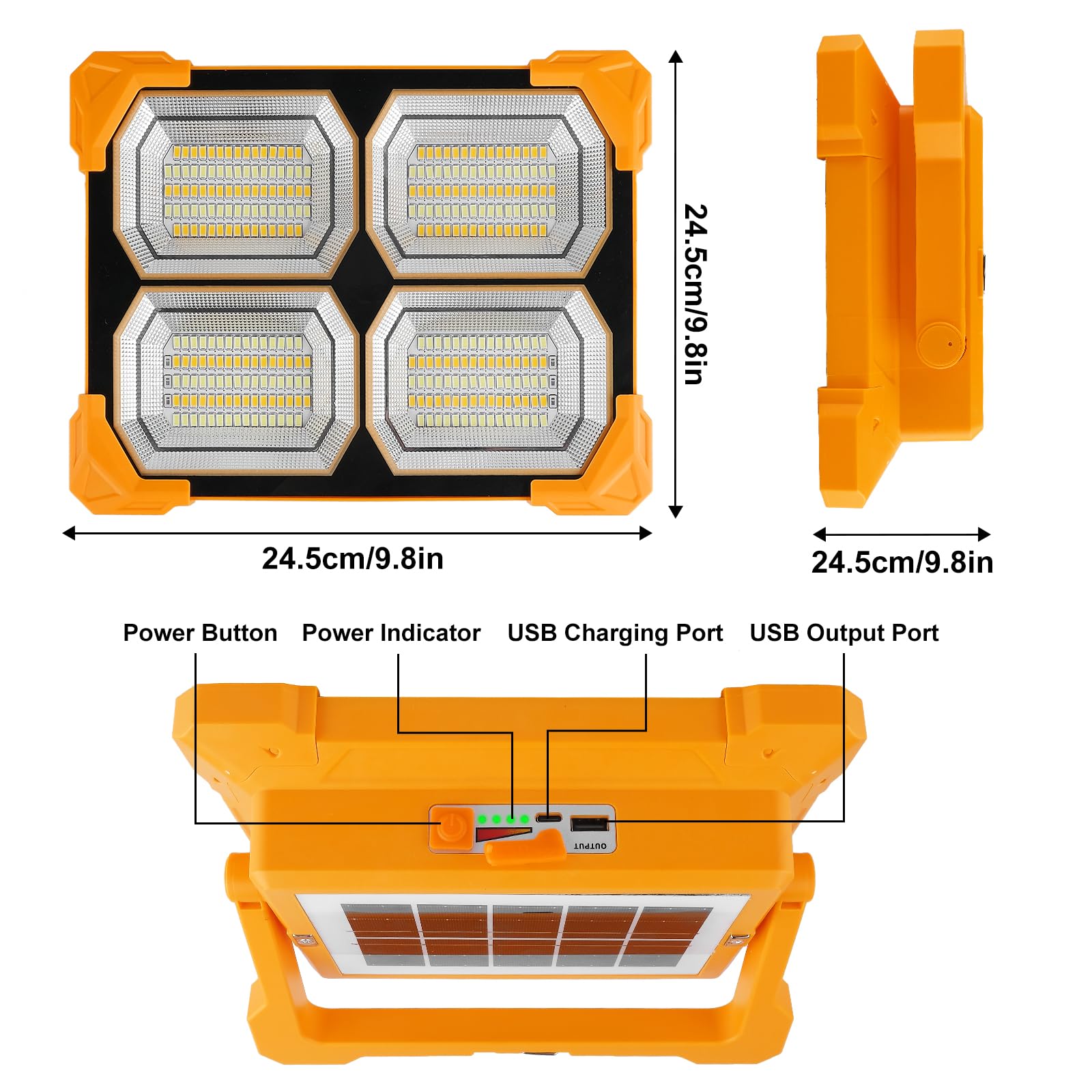 T-SUN 100W Projecteur LED Rechargeable Solaire, 5 Modes 328 LED Projecteur Chantier Portable, Lampe de Travail avec USB/Batterie Rechargeable/Panneau Solaire pour Réparation, Camping, Urgenc
