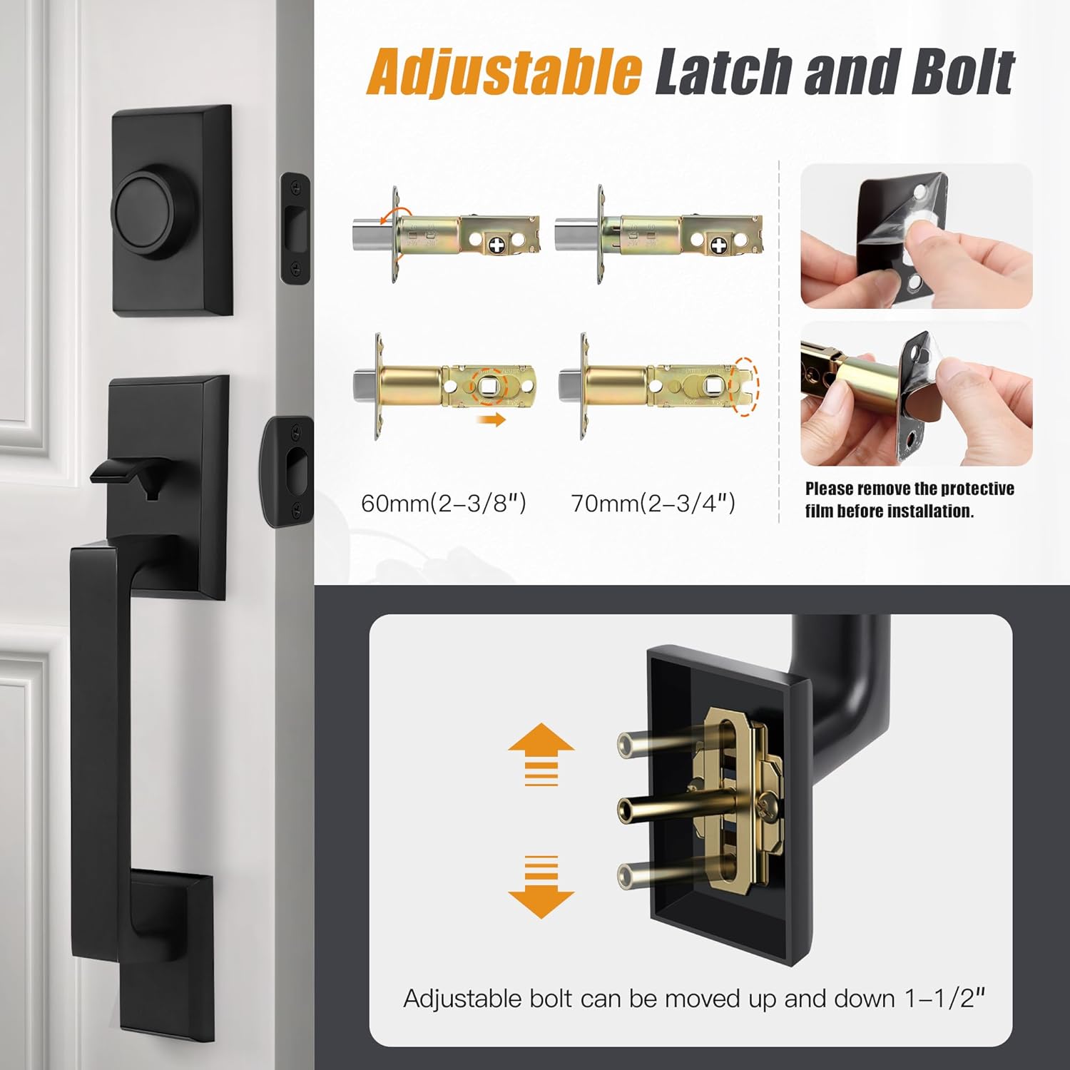 Double Front Door Lock Set, Square Heavy Duty Double Door Handle with Dummy, Entry Handleset with Deadbolt Combo, Double Door Lock Set for Front or Office Doors, Matte Black