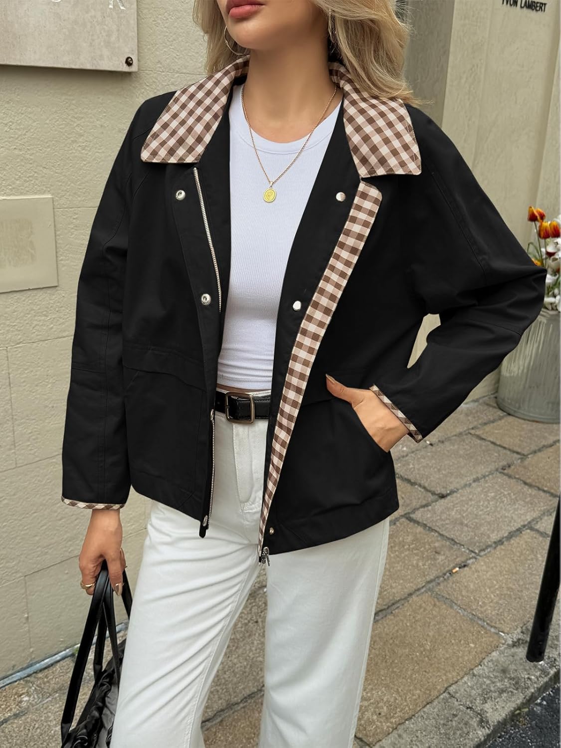 Tankaneo Womens Cropped Jacket Lightweight Casual Zip Up Barn Jackets Fall Contrast Plaid Outerwear Coat - Image 4