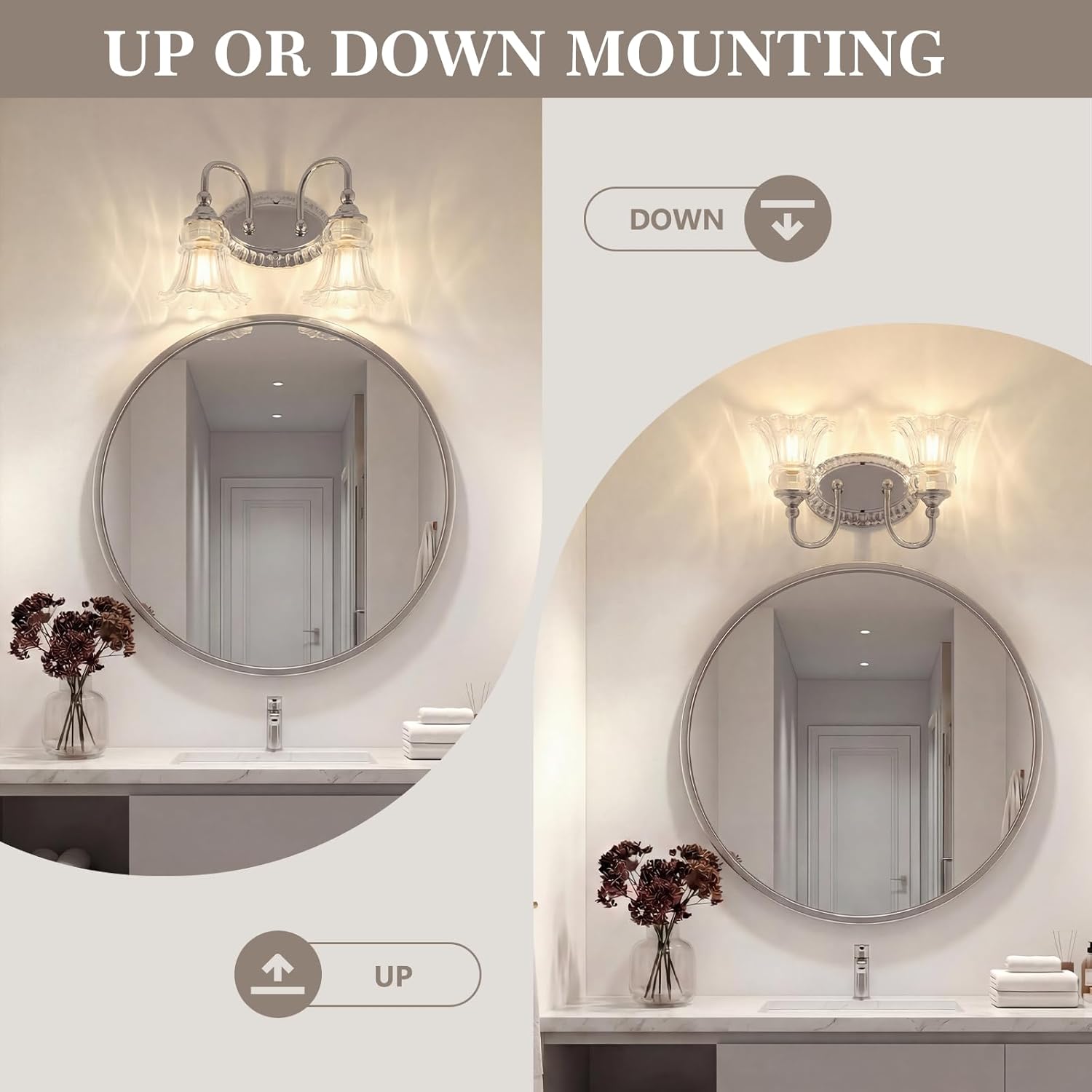 2-Light Bathroom Light Fixtures Vintage Chrome Vanity Lights Over Mirror with Floral Glass Shade for Bathroom Powder Room, Living Room Hallway