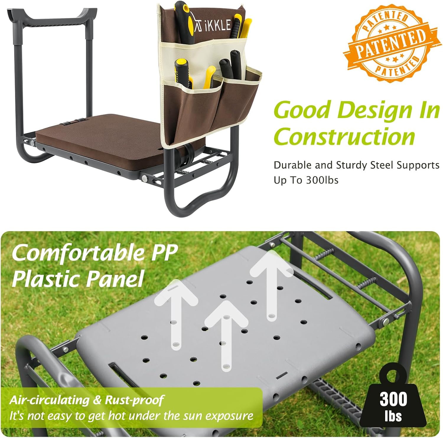 ikkle Garden Kneeler and Seat Heavy Duty, Upgraded Garden Stool Bench with Thicker Wider Detachable Kneeling Pad and Tool Store Pouches, Nice Gardening Gift for Mother Father- Brown (Patented)
