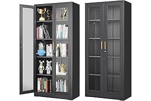 71" Tall Black Glass Door Metal Storage Cabinet with Adjustable Shelves-Assembly Required