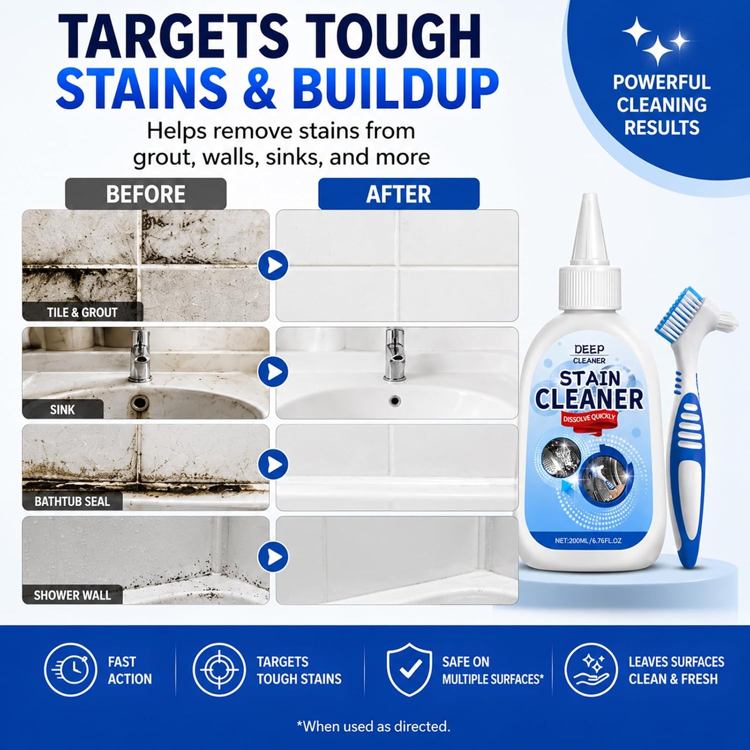 Mold Stain Remover Gel with Brush, Cleaning Gel for Bathroom Kitchen, Tile & Grout Cleaner, Shower Grime & Stain Cleaner, Sink, Seal & Wall Stain Cleaner, Multi Surface Household Cleaning Supplies image 4