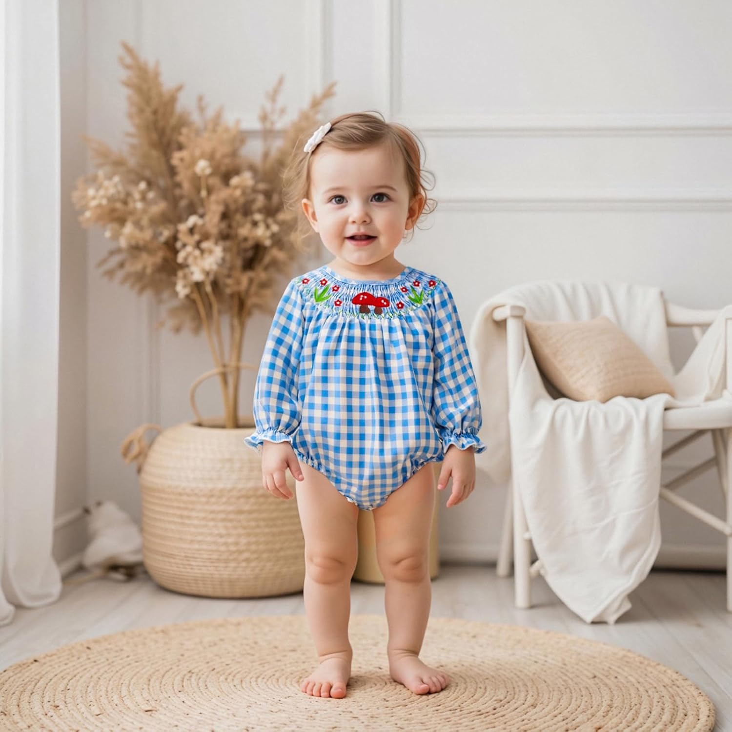 Infant Girls Smocked Mushroom Romper Long Sleeve Embroidery Flower Gingham Bodysuit Tops Newborn Baby Fall Clothes - Image 2
