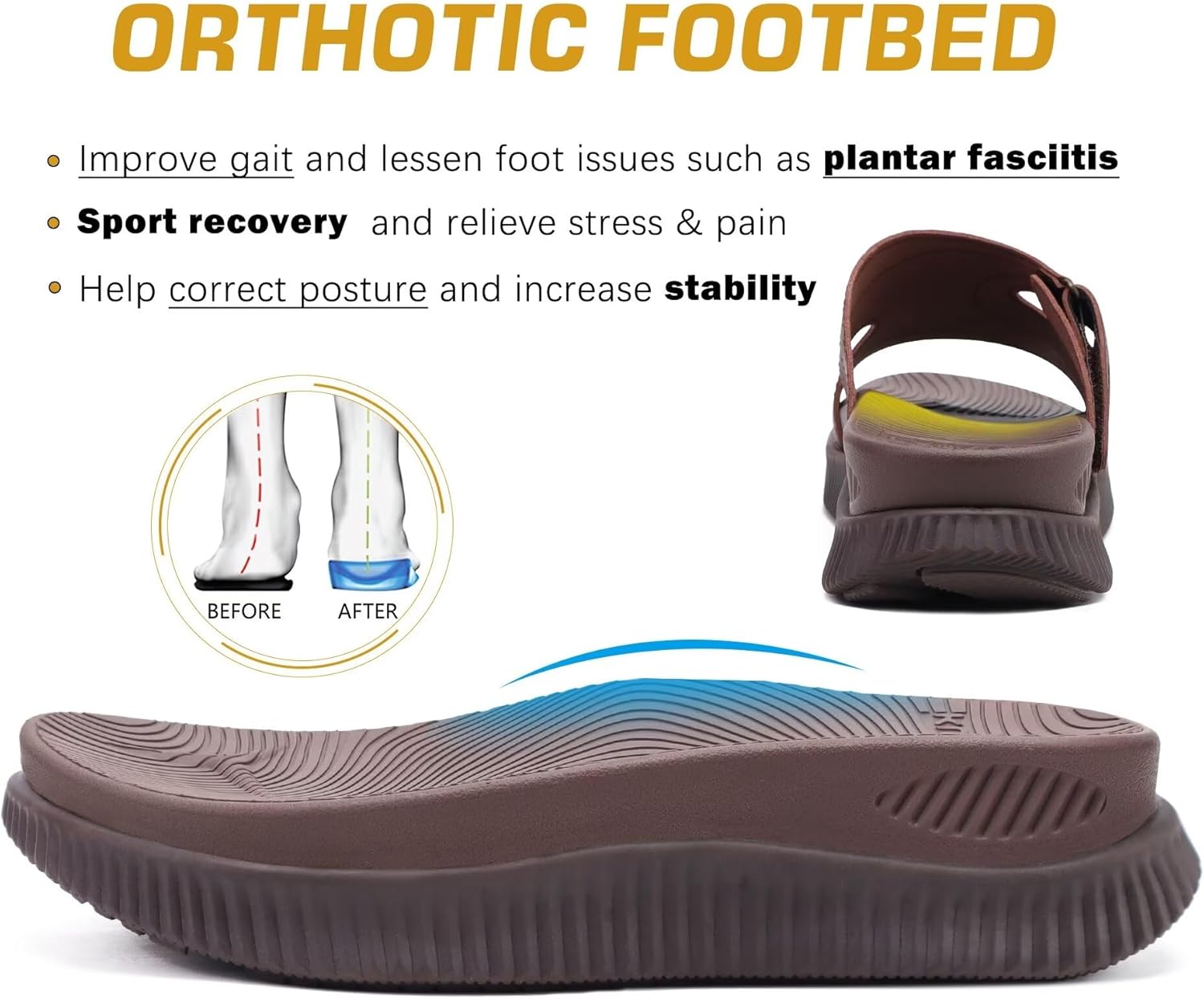 KuaiLu Womens Orthotic Slides Thick Athletic Cushion Recovery Sandals Open Toe Leather Strap Slip On Yoga Mat Ladies Sport Walking Sandles Comfortable Plantar Fasciitis Arch Support Brown Size 6 - Image 4