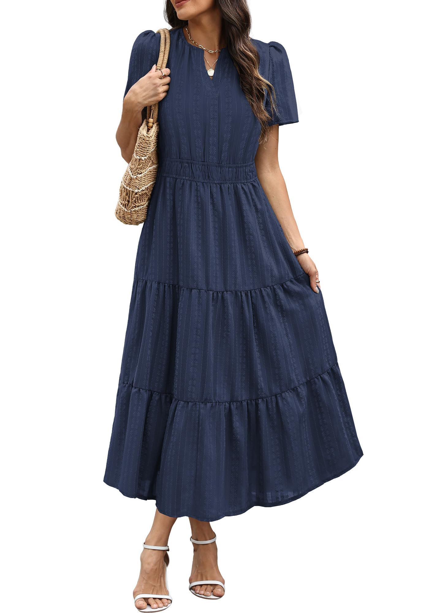 RUMIA Women Casual Midi Maxi Dresses Short Sleeve V Neck Elastic Waist Vacation Dress Pockets（S-2XL — view 2