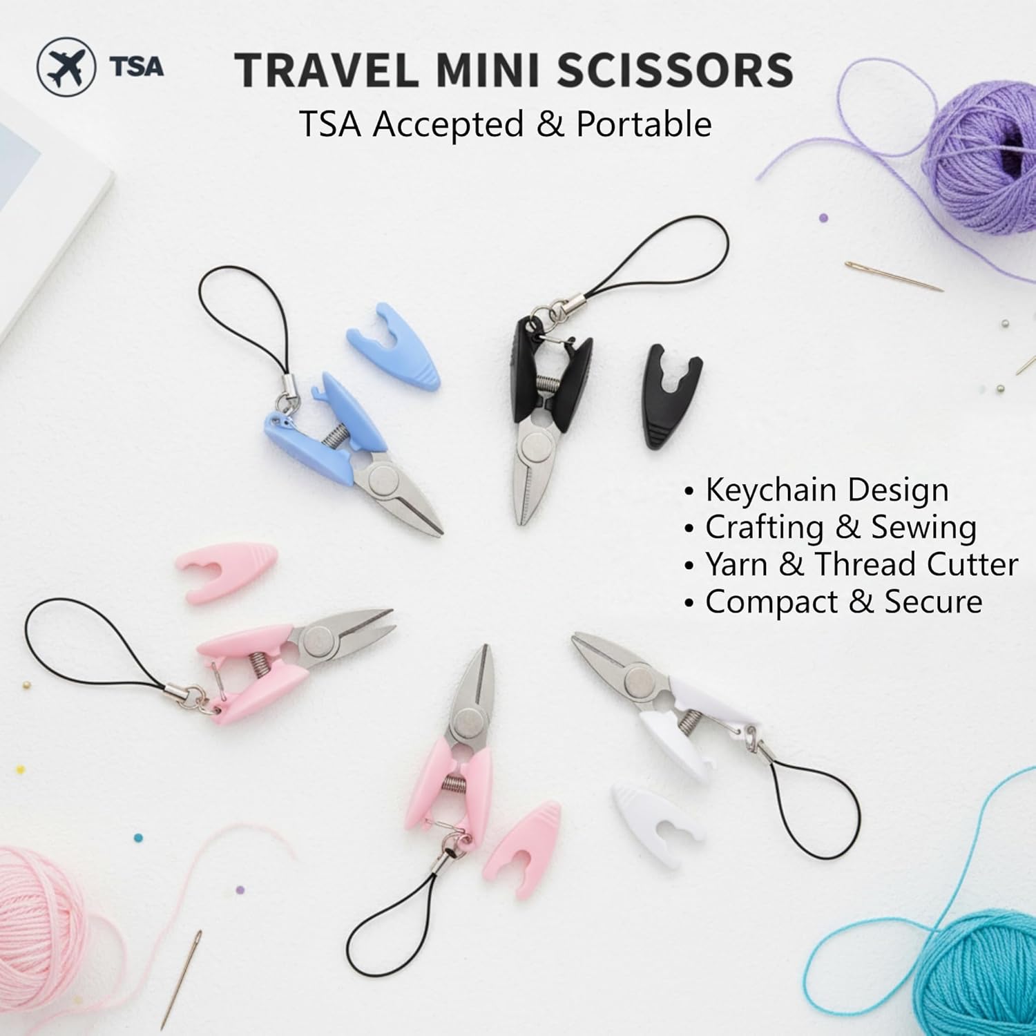 20 Pcs Tiny Scissors with Cover, 5 Colors Travel Scissors Mini Compact Keychain Sewing Snips for Craft Yarn Yarning Traveling Supplies (Pink, White, Black, Blue, Green)