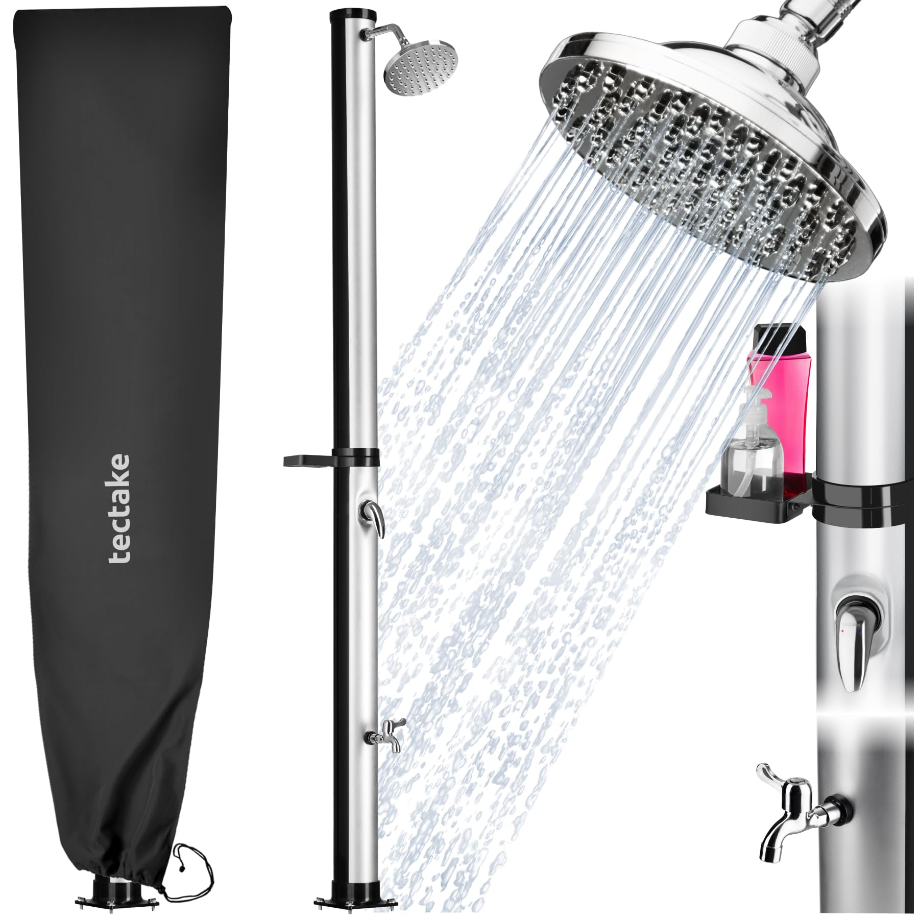 TecTake® Solardusche 20 l, bis 60° C warmes Wasser, drehbarer Regenduschkopf, Einhebelmischbatterie, Gartenschlauchanschluss, Schutzhülle, Warmwasser, Außendusche, Campingdusche - schwarz/Silber