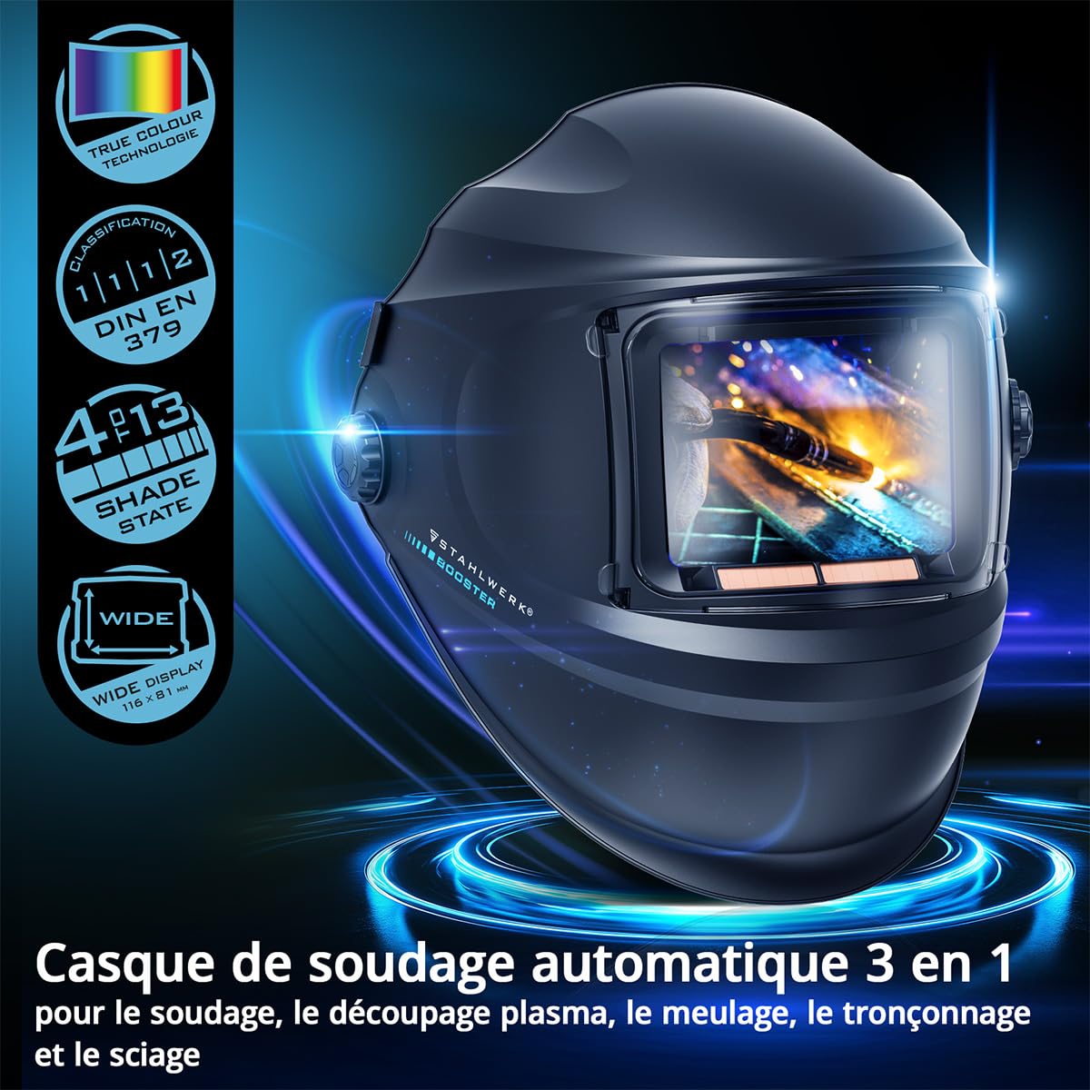 STAHLWERK Casque de soudage Automatique 3-en-1 Booster – Masque de Soudeur avec True Colour, obscurcissement Auto. DIN 4-13, mémoire de Jobs, Classe Optique 1/1/1/2, Champ 116 x 81 mm