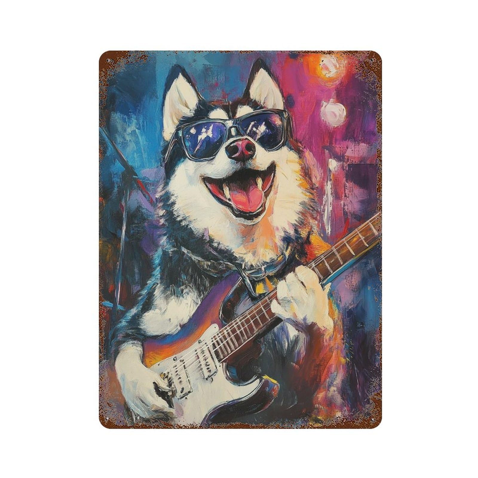 Rock Star Husky Guitar Painting 15.7"x11.8" Distressed Metal Wall Sign, Shabby Chic Decor for Shed, Workshop And Garage Wall Decor