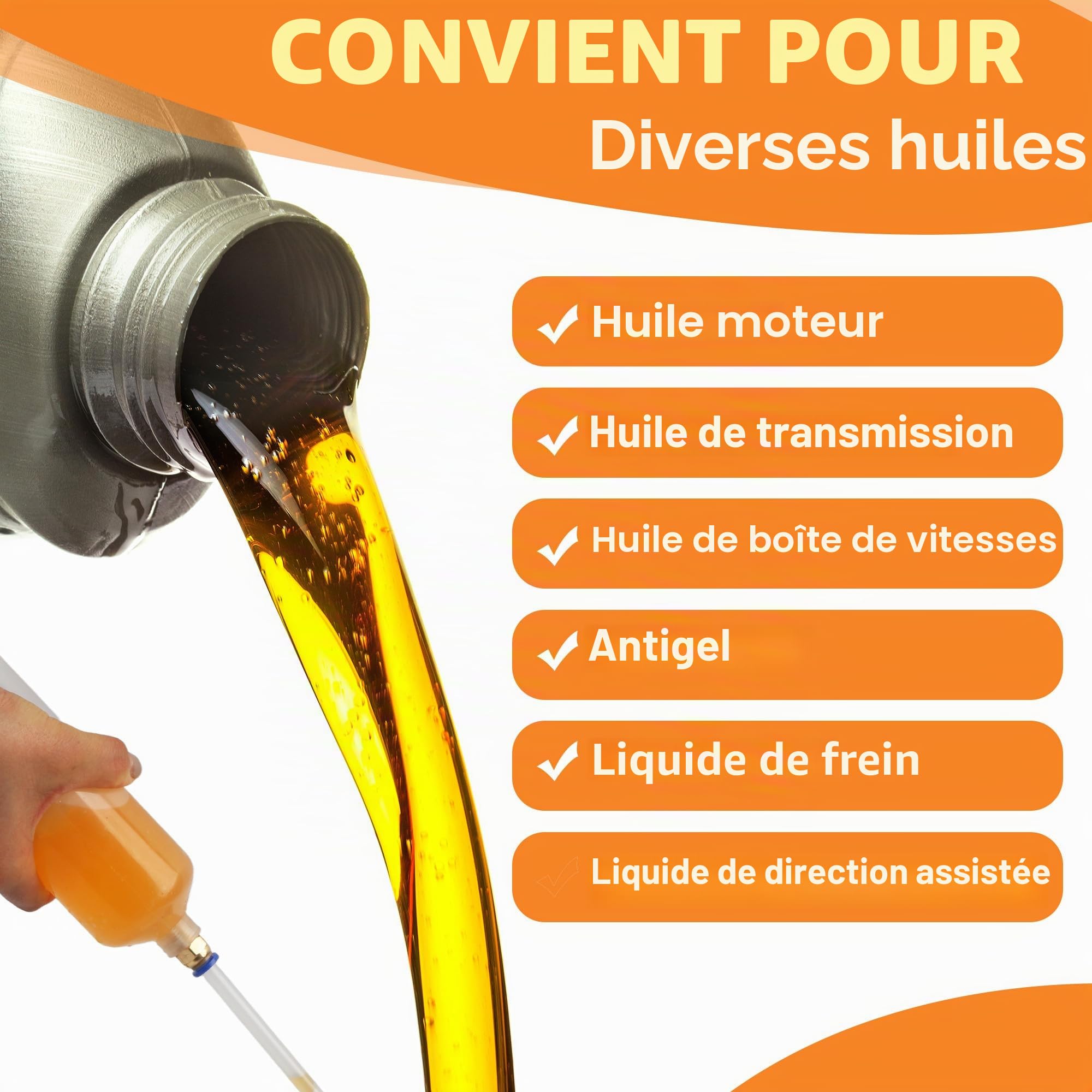 Pistolet D'aspiration D'huile, Oil Syringe 500ml, Seringue a Huile avec 2 Tuyaux, Une Paire D'anneaux en Caoutchouc de Rechange et un Tube D'extension d'un Mètre, Aspiration et Remplissage