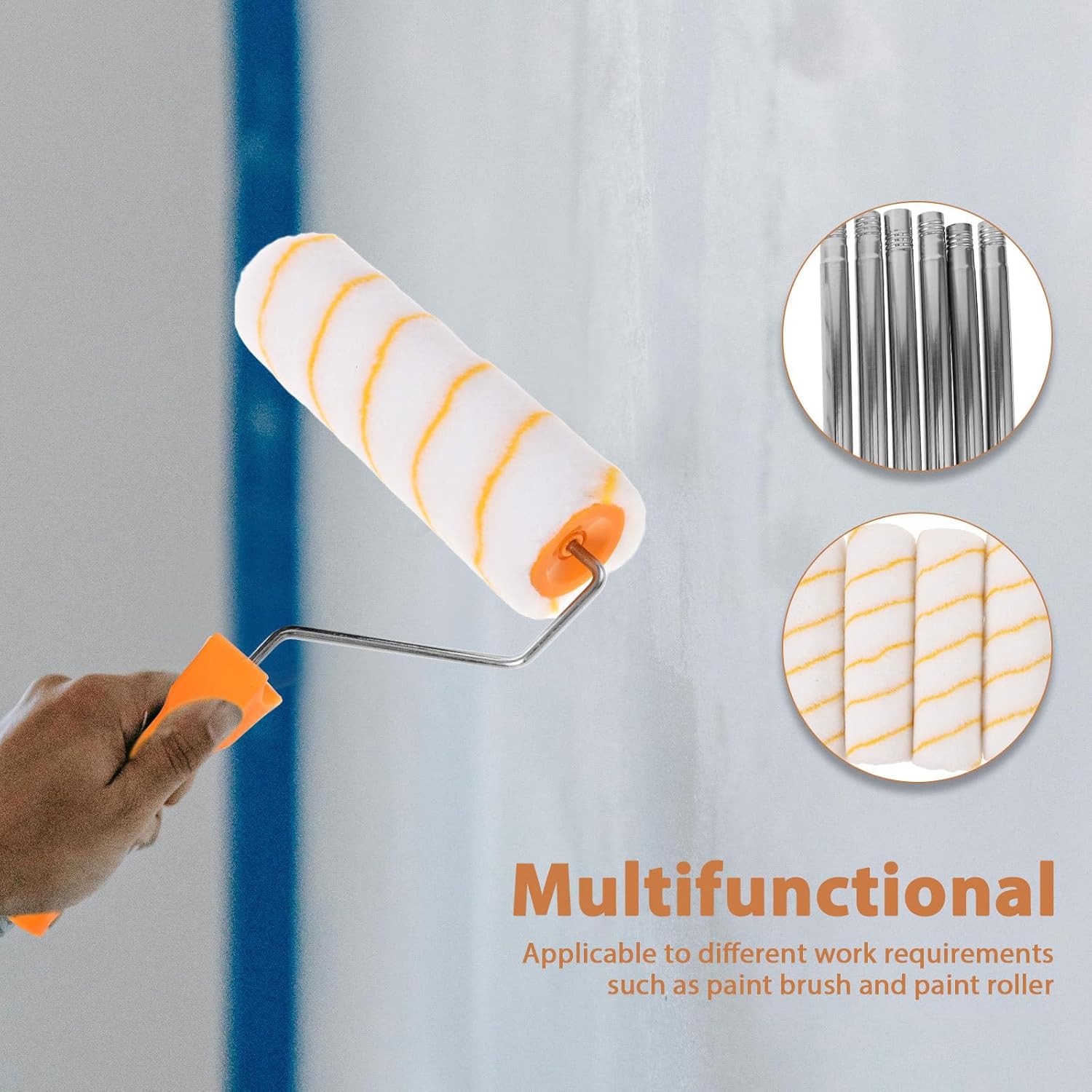 jojofuny Extendable Paint Roller Set 1.8m Stainless Steel Telescopic Pole Four 9-inch Roller Covers for Wall Painting