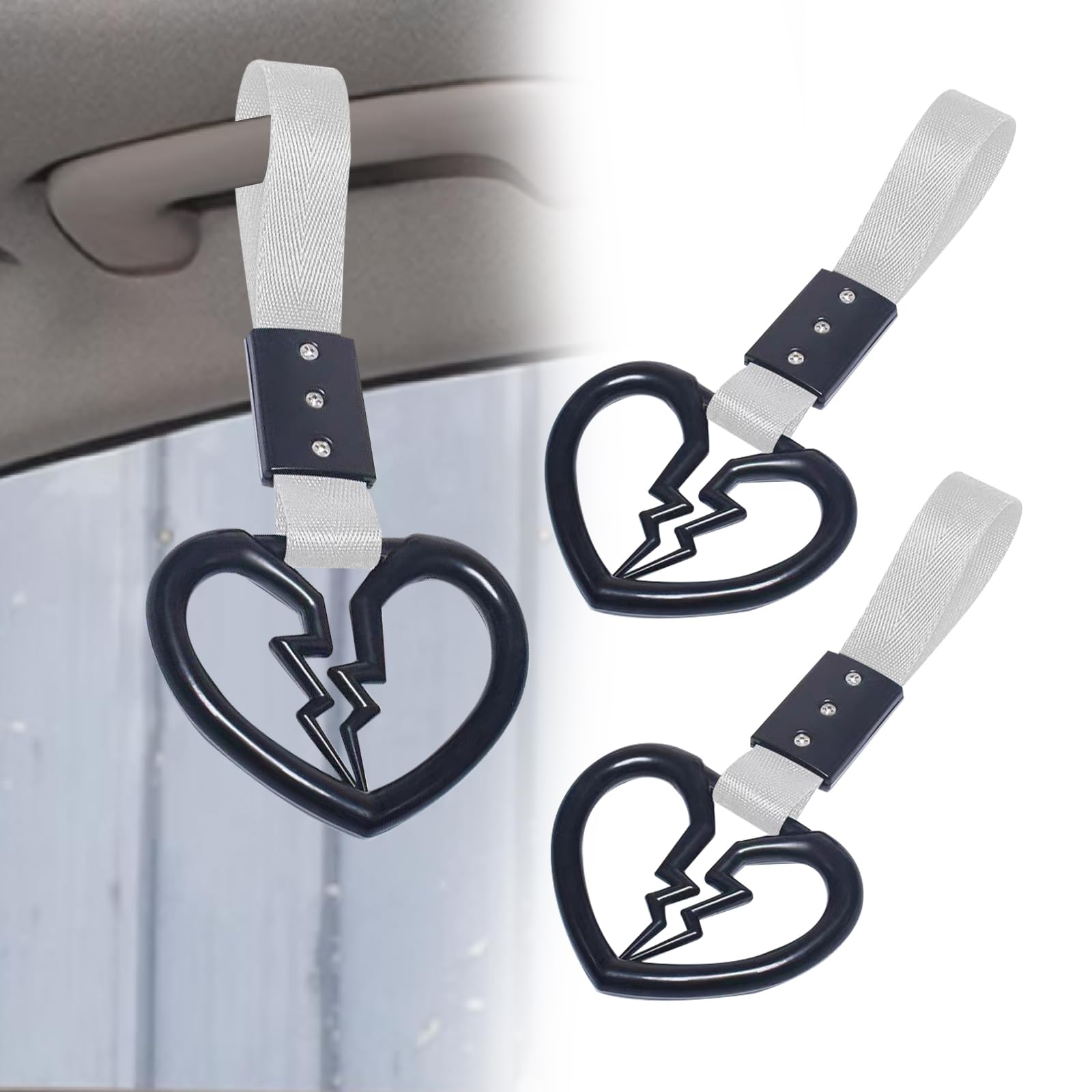 2 Pcs Broken Heart Shaped Car Handle Straps,Car Warning Hanging Ring,Handle Straps Drift Warning Loops, Universal for Car SUV Bus (Black/White)