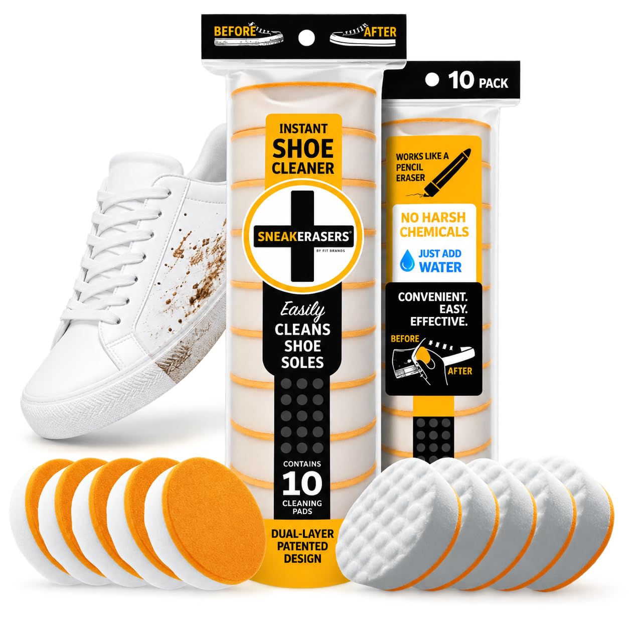 SneakERASERS Instant Sneaker Cleaner, Premium Shoe Cleaning Kit for Sneakers, Dual-Sided Sponges, Effective for Tennis Shoes &amp; Women Men Sneakers, Gentle Rub Design (10 Pack)