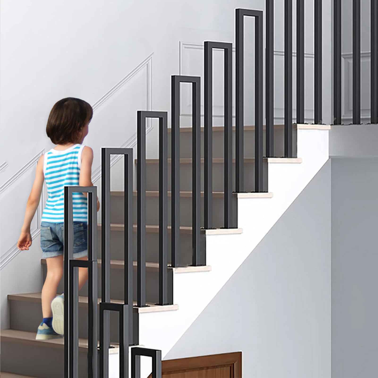 OVLRIJP Stair Railing Indoor, U-Shaped Stair Rail, Metal Bannister Rail for Stairs, Handrails for Stairs, Hand Rail U Shape for Loft, Porch, Balcony,Indoor, Outdoor (Black, 100cm)