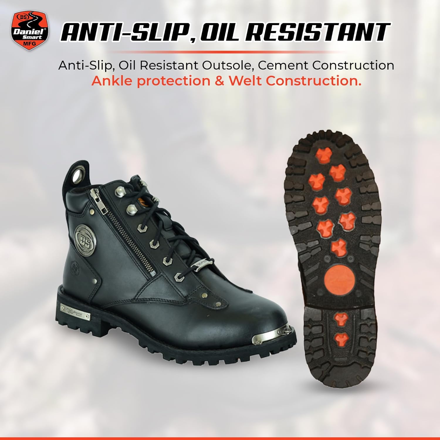 Daniel Smart Men’s Motorcycle Leather Boots – Full Grain Waterproof Boots with Side Zippers, Lace up Closure & Non Skid Outsole