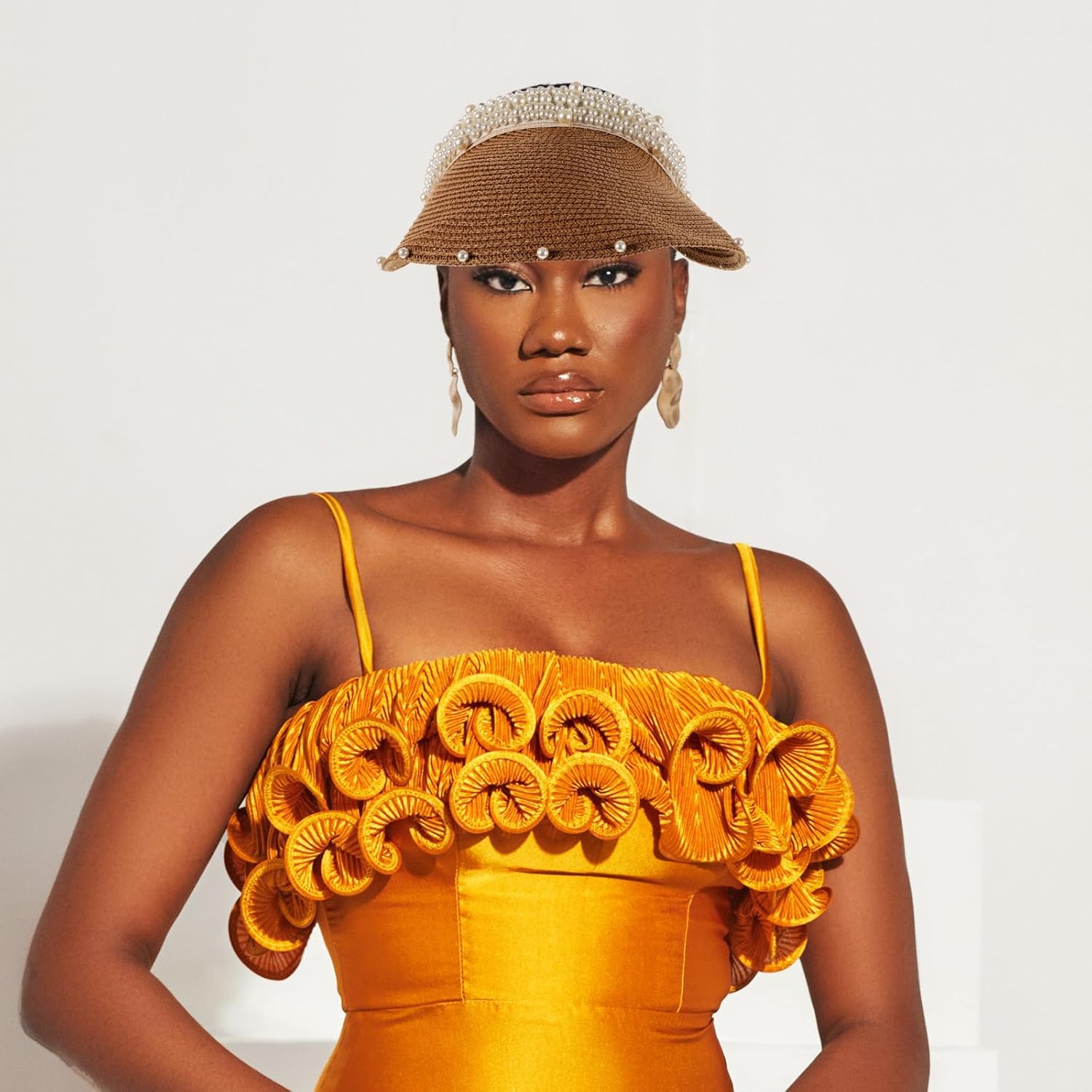 Pearl Embellished Straw Sun Visor Hat for Women Wide Brim Uv Protection Summer Beach Hat with Ponytail Opening - Image 6