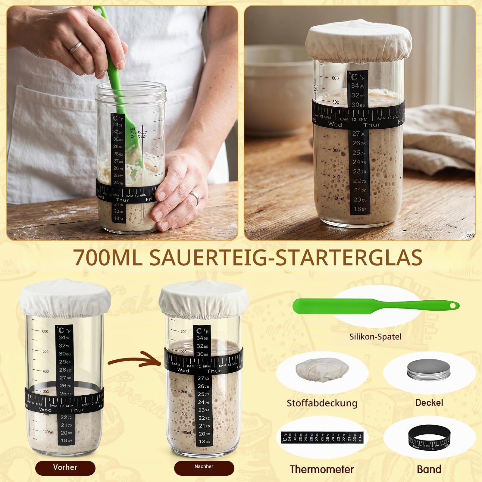 Sauerteig Starter Set,37-Teiliges Brot Backen Zubehör mit 2 Gärkörbchen (23cm Runde & 25cm Ovale) 700ml Gärglas,Teigschaber,Rostmesser,Gärtuch & mehr Sauerteig Zubehör Gärkörbchen Set