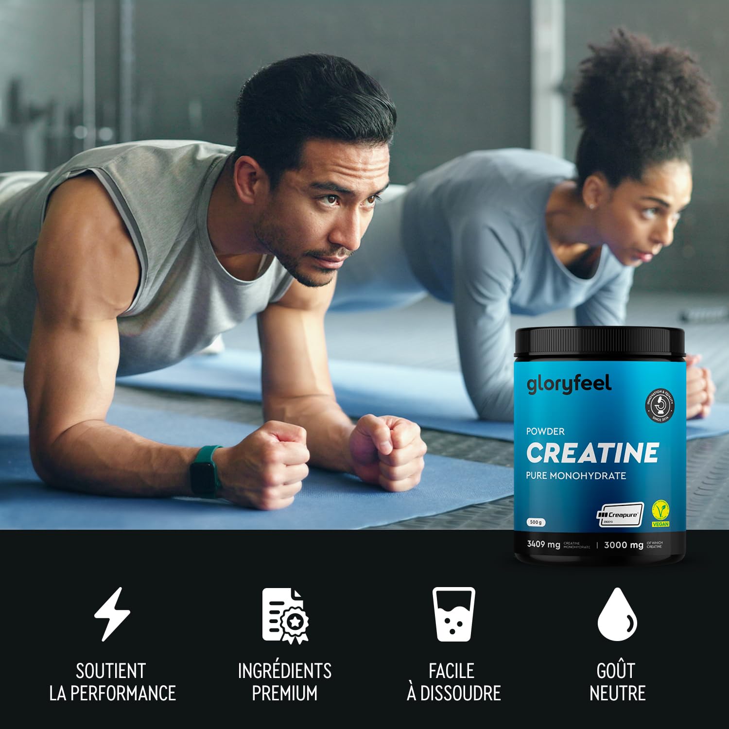 Créatine Monohydrate Poudre 100% Pure, Creatine Creapure® 3000mg par Dose, 147 Portions, Prise de Masse et Puissance Musculaire*, Non Aromatisé, Végane, Certifiée et Testé en Laboratoire, 500 g