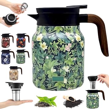 Vintage Floral Pattern Teapot, Tea Pot with Infusers for Loose Tea | Design with Built-in Stainless Steel Infuser, 35OZ Capacity, Hot and Cold, Colorful Patterns Stainless Steel Thermal Carafe