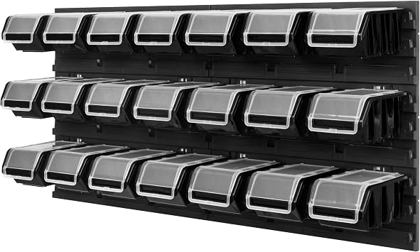 Storage System Workshop Shelving 78 x 39 cm 21 Piece Box Wall Shelf with Stacking Boxes Wall Plates Extra Strong Chute Shelf Warehouse Wall Storage Shelf Garage Shelf (Black)