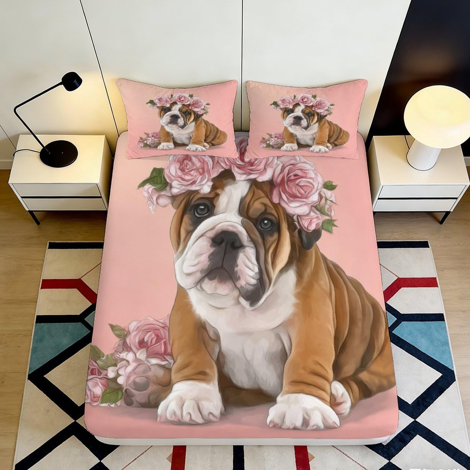 Qjzxknhpgr Style-6 3D Printed Bulldog Flower Fitted Sheet Microfiber Pink Bed Cover For Bedroom Guest Room Mattress Protection Decor 90X200x25cm