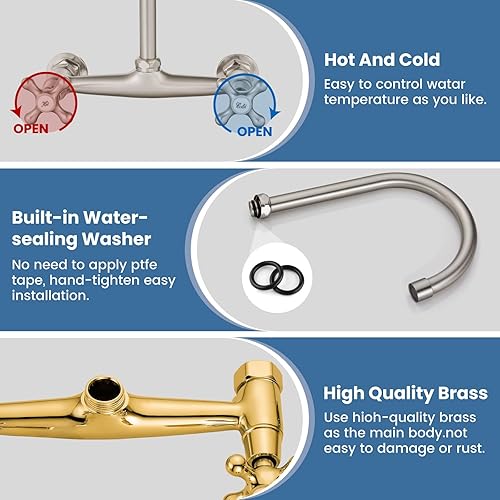 Vista 32 de Airuida Grifo de fregadero de cocina de latón antiguo, grifo central montado en la pared de 8 pulgadas, grifo de cocina comercial montado