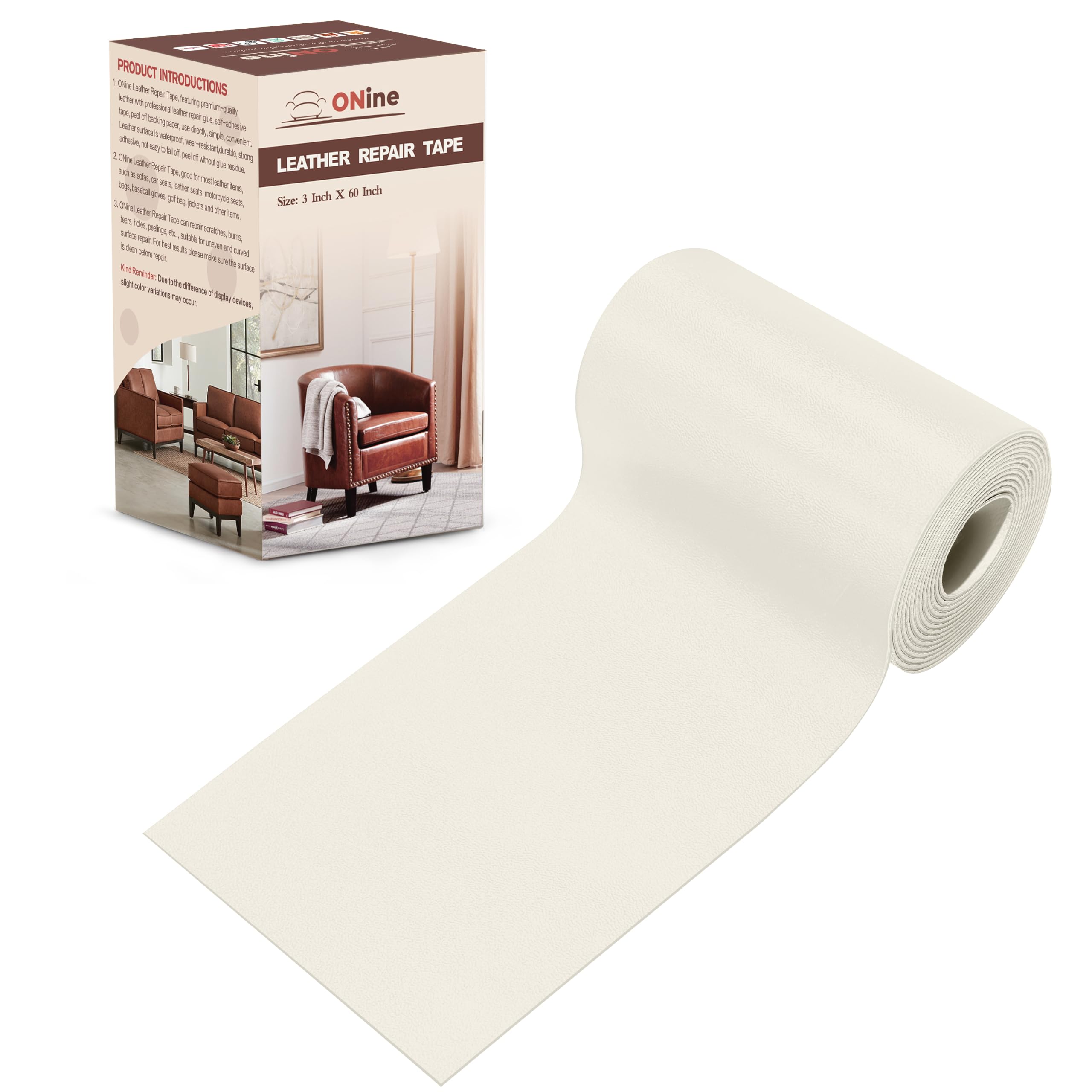 ONine Leather Repair Patch,Leather Repair Tape, 3 x 60 inches Leather Repair Patch for Furniture,Sofas,Office Chair,car Seats,Vinyl Repair Kit(White Khaki)