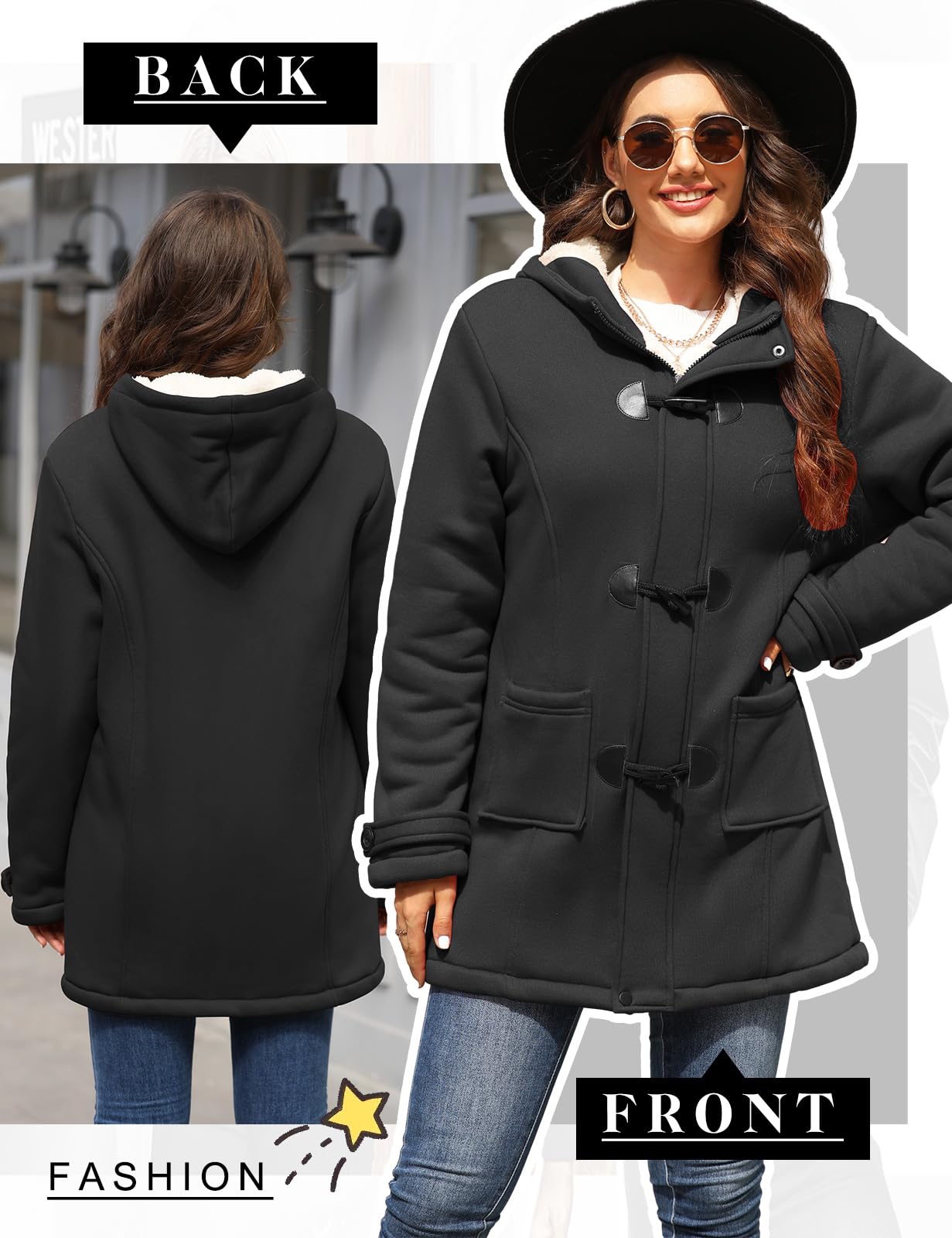 Nadeer Manteaux à Capuche Femmes Manteau Polaire Veste Blouson Jacket à Bouton Hiver Chaud Corne Zippé Sweat à capuche Épais Hoodie Coat Chic et Slim Sweatshirt Pull Hooded Outwear avec Poche