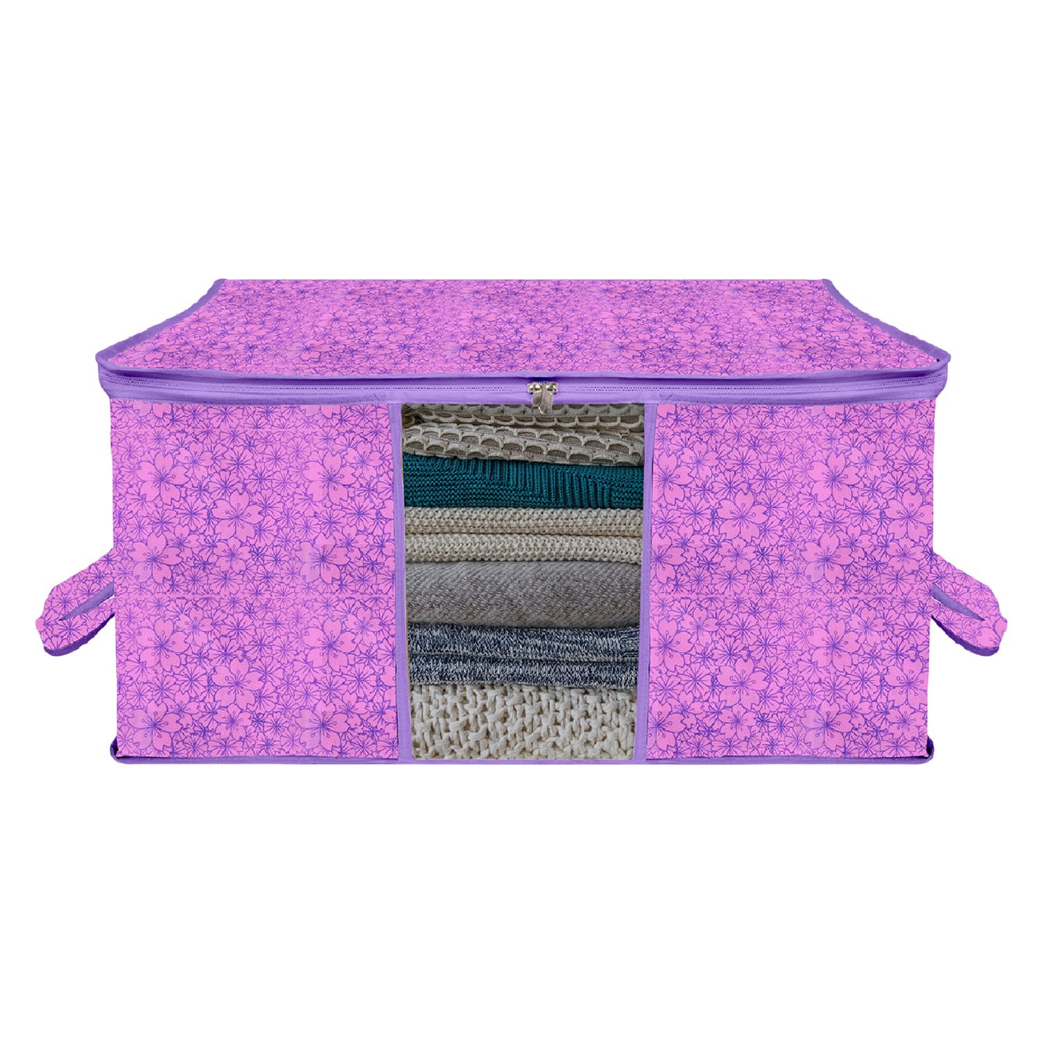 Kuber Industries Underbed Storage Bag|Non-Woven Floral Print Blanket Cover|Razai Cover|Duvet Cover Transparent Window & Handle|Large (Pink & Purple)-image-11