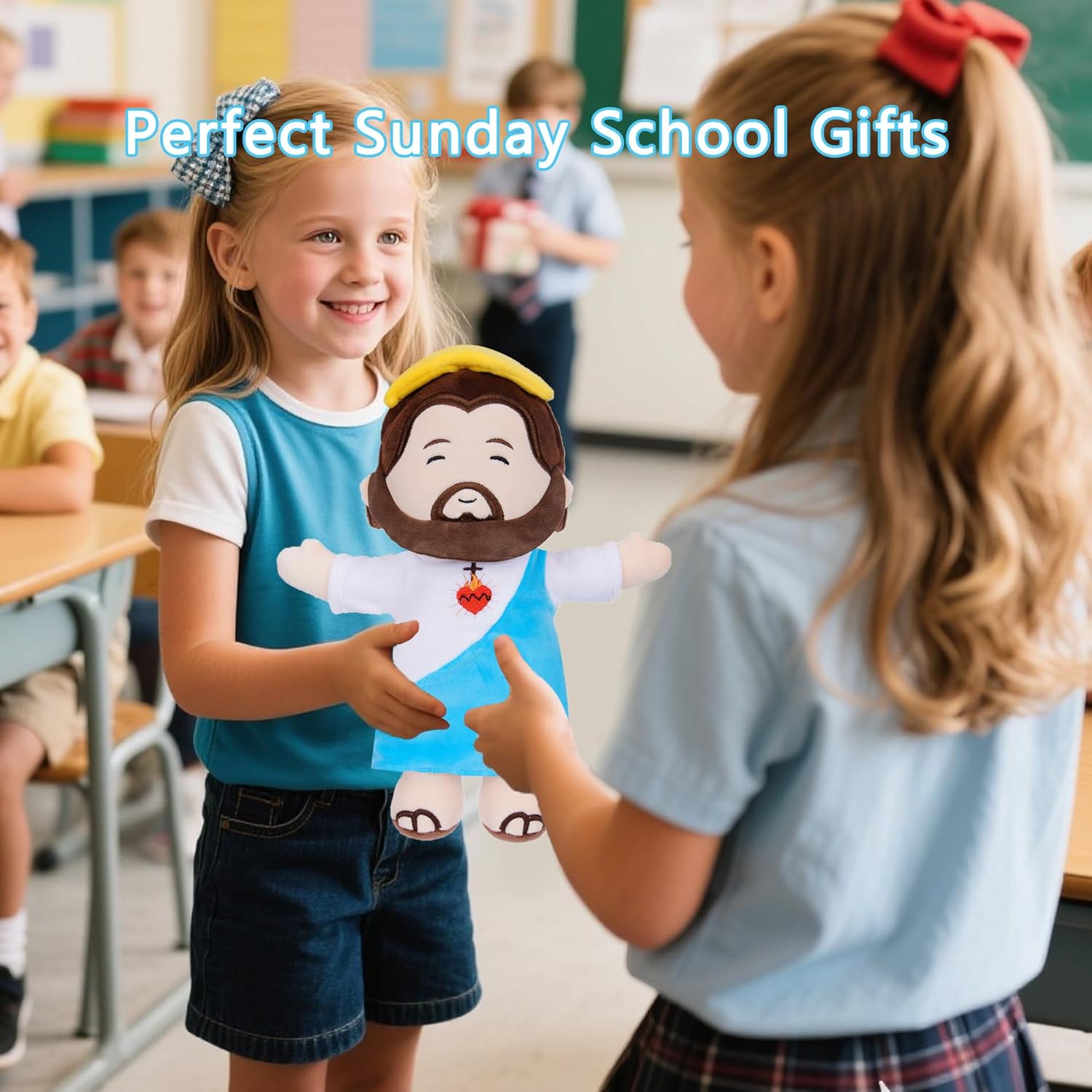 Jesus Plush Christianity Stuffed Animal - 13 Inch Kids' Blue Jesus Figurine Pillow Heart Embroidery for Christian Gifts - Image 6