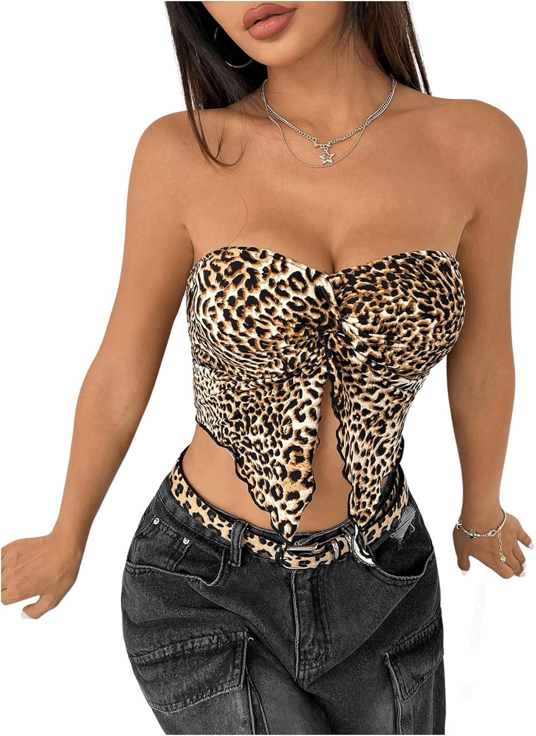 SHENHE Women's Leopard Print Twist Front Strapless Split Top Y2k Crop Tube Bandeau Tank Top - Image 4