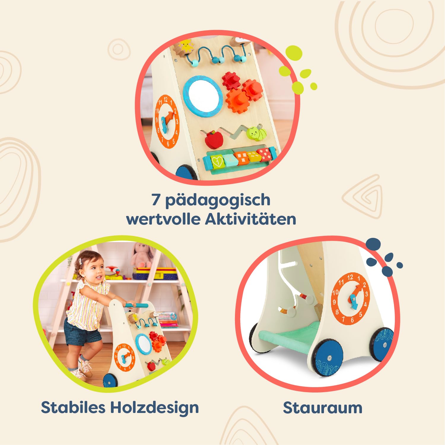 B. toys - Kleine Lernschritte - Activity Walker aus Holz - 7 Bildungsaktivitäten - Lern- und Laufspielzeug für Kleinkinder, Kinder - Stehen, Schieben, Gehen - 1 Jahr +