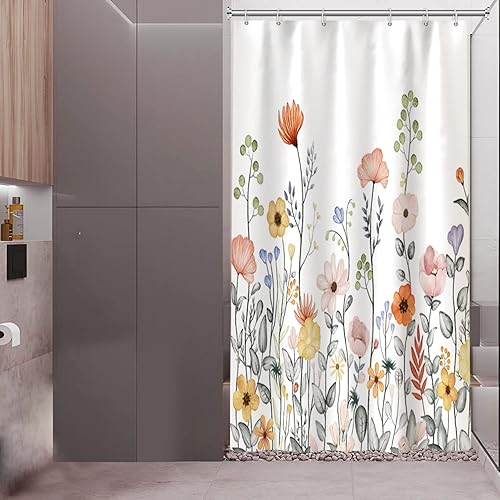 Miniatura 3 de Yeele Cortina de ducha de tela, cortinas de ducha blancas florales para baño, cortina de baño natural, 36 x 72 pulgadas, decoración impermeable con