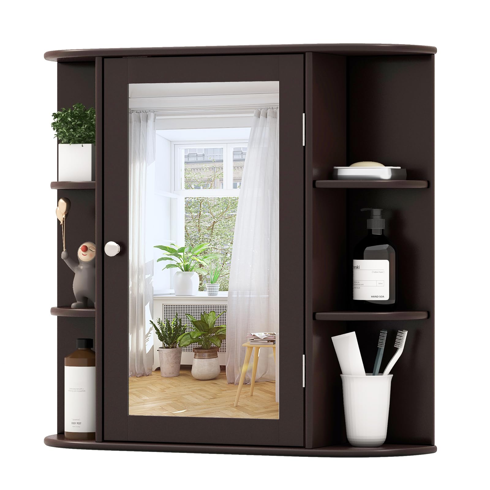 CASART Bathroom Mirror Cabinet, Wall Mounted Storage Cupboard with Single Door and Adjustable Shelves, Wooden Medicine Cabinet Display Organizer Unit for Bathroom Kitchen Living Room (Brown) — image 1