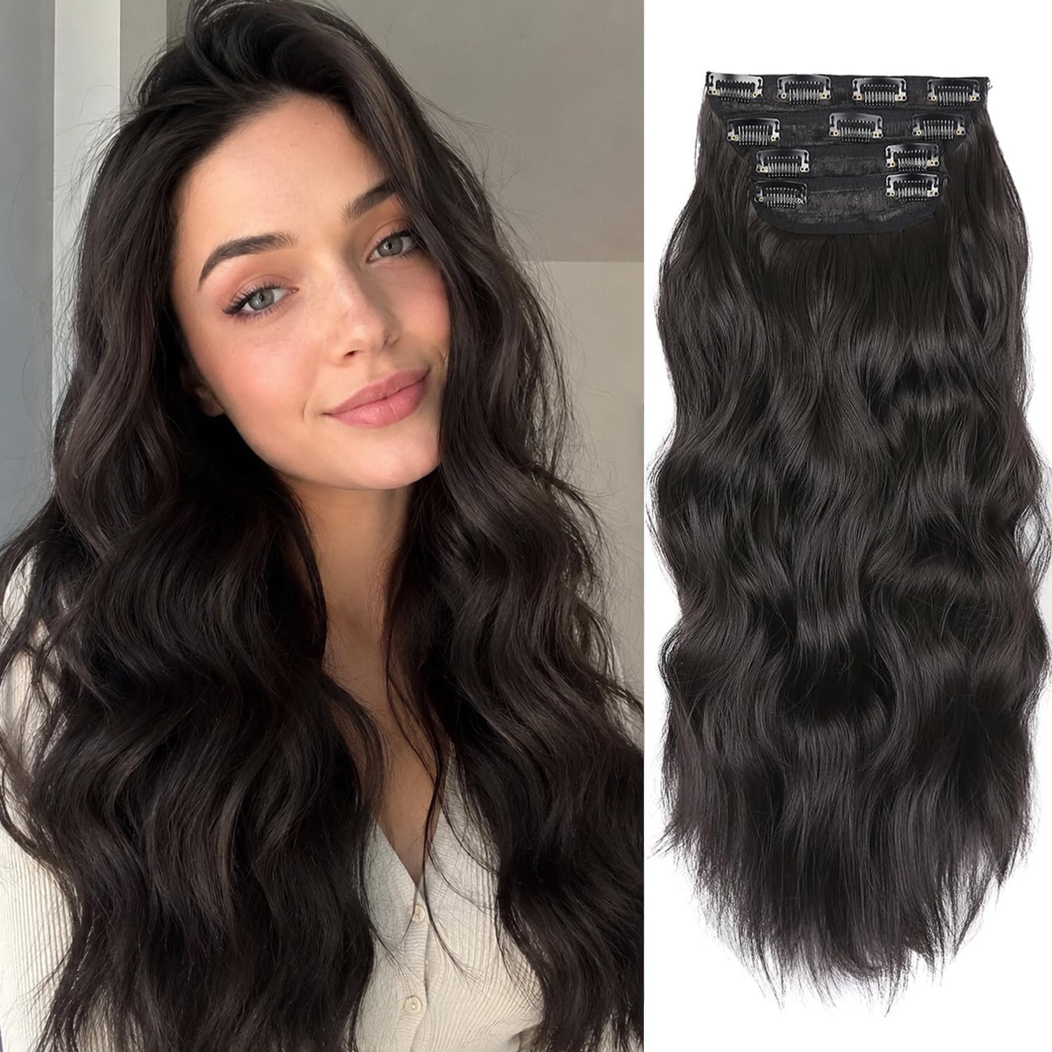 Photo 1 of 20 Inches Hair Extensions Clip ins, 4Pcs Clip in Hair Extensions, Synthetic Curly Hair Extension Clip in Human Hair (Color: Black with a Hint of Brown Gloss)