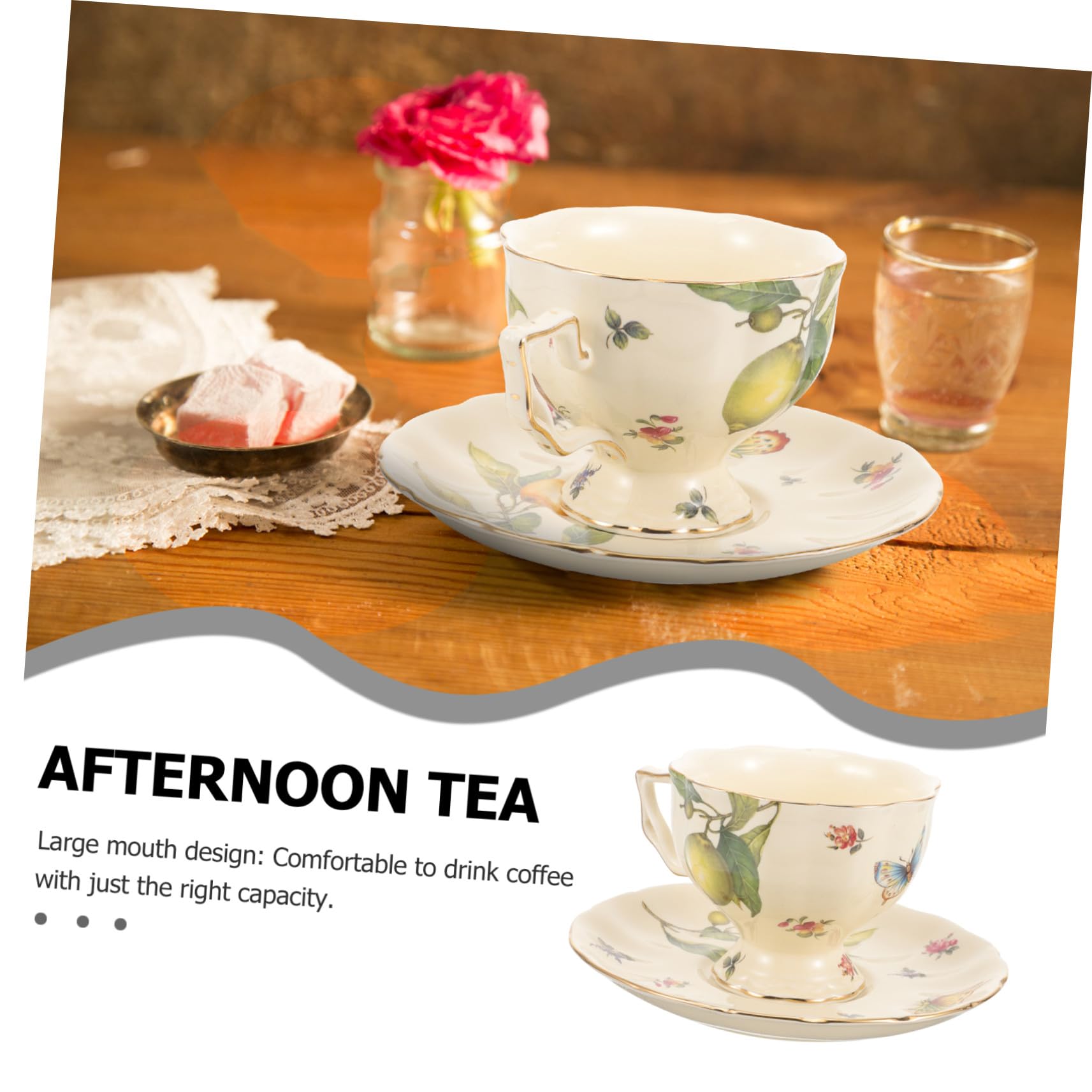 Tazza Cappuccino in Ceramica con Piattino Vintage Stile Francese Design Elegante con Motivo Farfalla e Fiori Tazza Latte Grande Bocca per Tè e Caffè per Uso Domestico e Pomeriggio