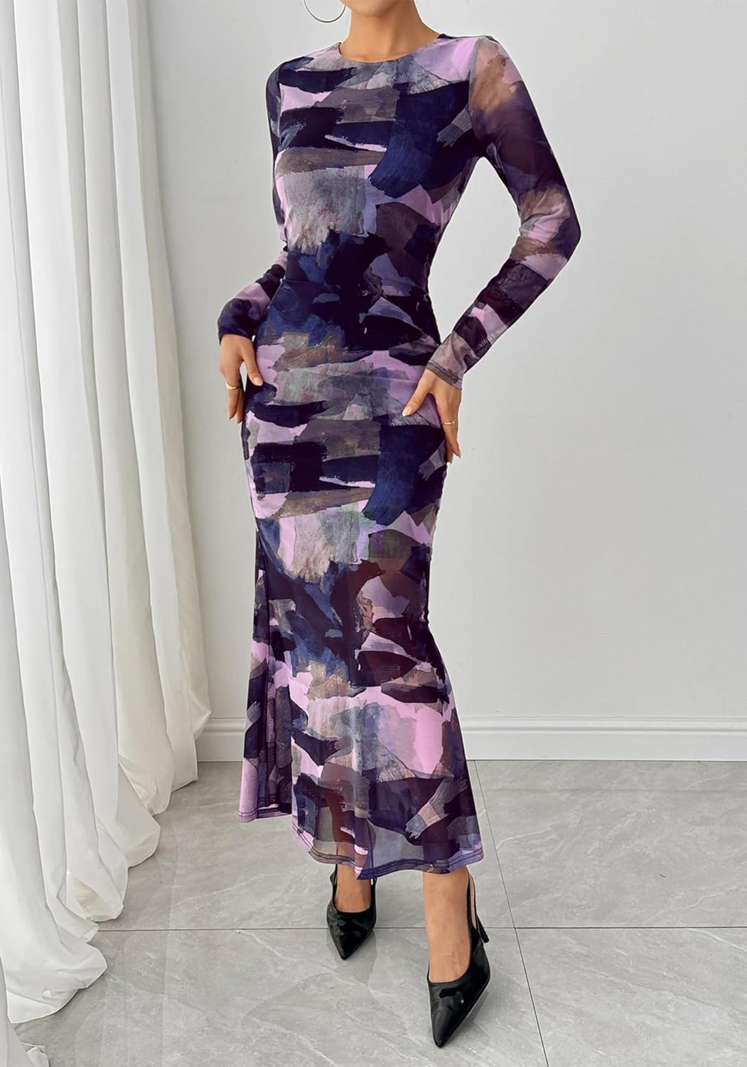 BTFBM Wedding Guest Dresses for Women Spring Fashion 2026 Bodycon Crew Neck Long Sleeve Boho Mesh Floral Maxi Fall Dress - Image 4