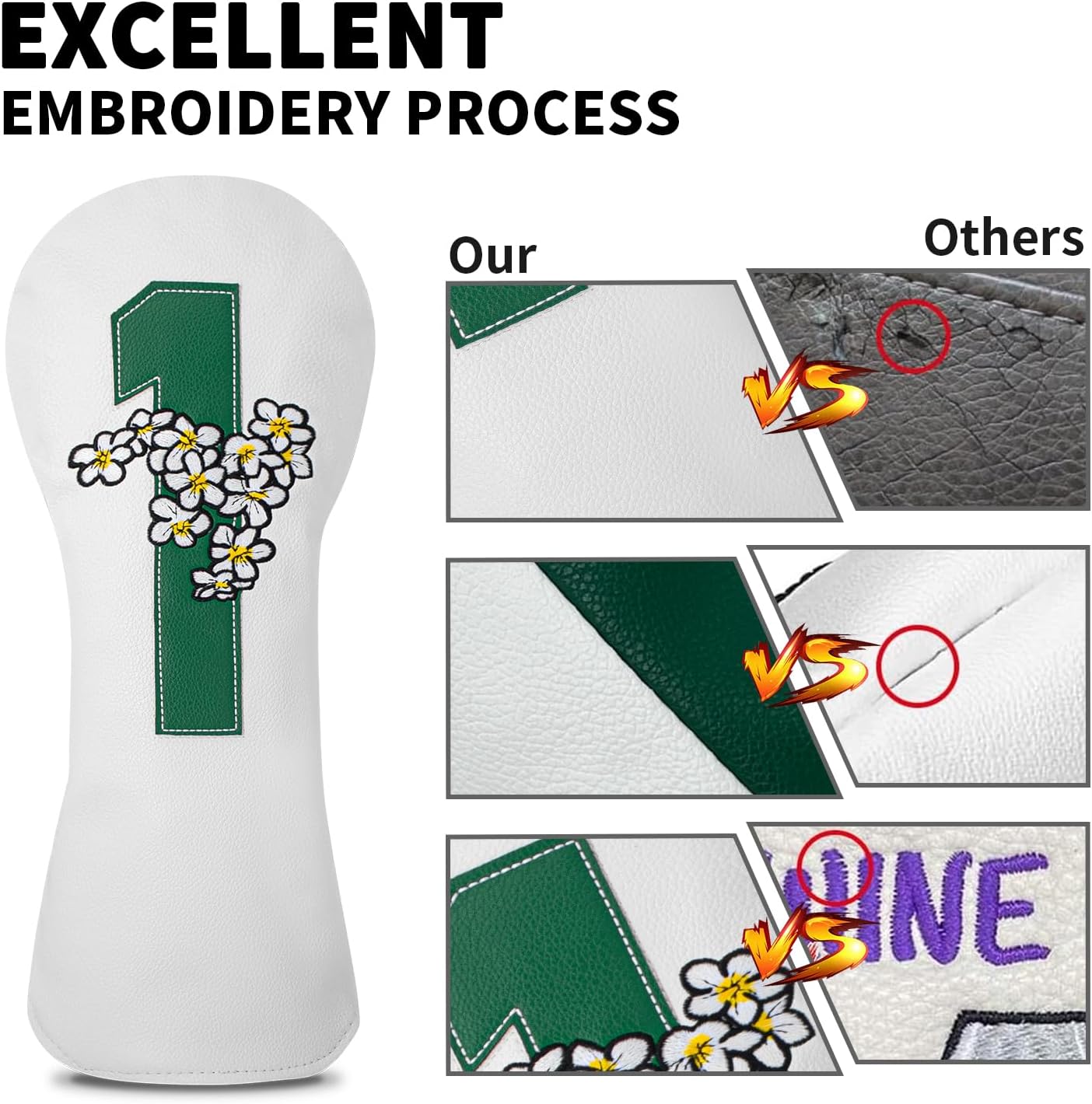 Golf Headcovers Club Head Covers Advanced Embroidery Cherry Blossom Leather Driver Fairway(FW) Wood Hybrid(UT) with Number Tags Protects Against Scratches and Damage