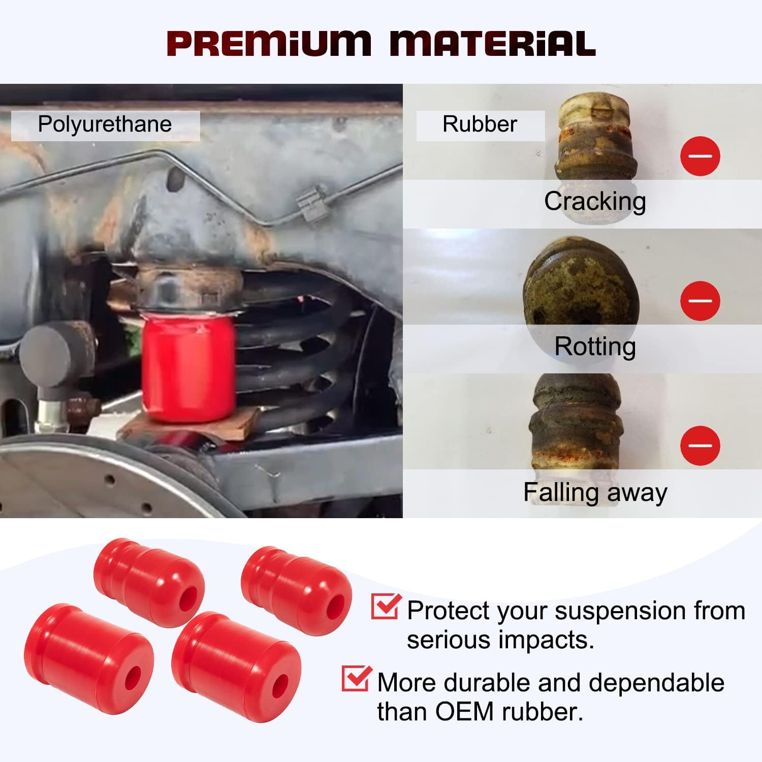 Front & Rear Bump Stops for Jeep Wrangler JK/JKU Sport Rubicon Sahara Freedom Unlimited 2007-2018 4PC Replacement (1-1303 + 1-1304)