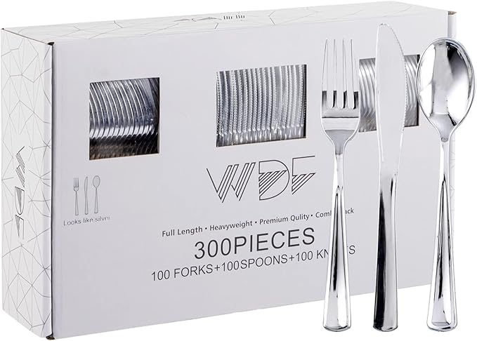 WDF 300 Pieces Silver Plastic Silverware - Plastic Silverware Heavy