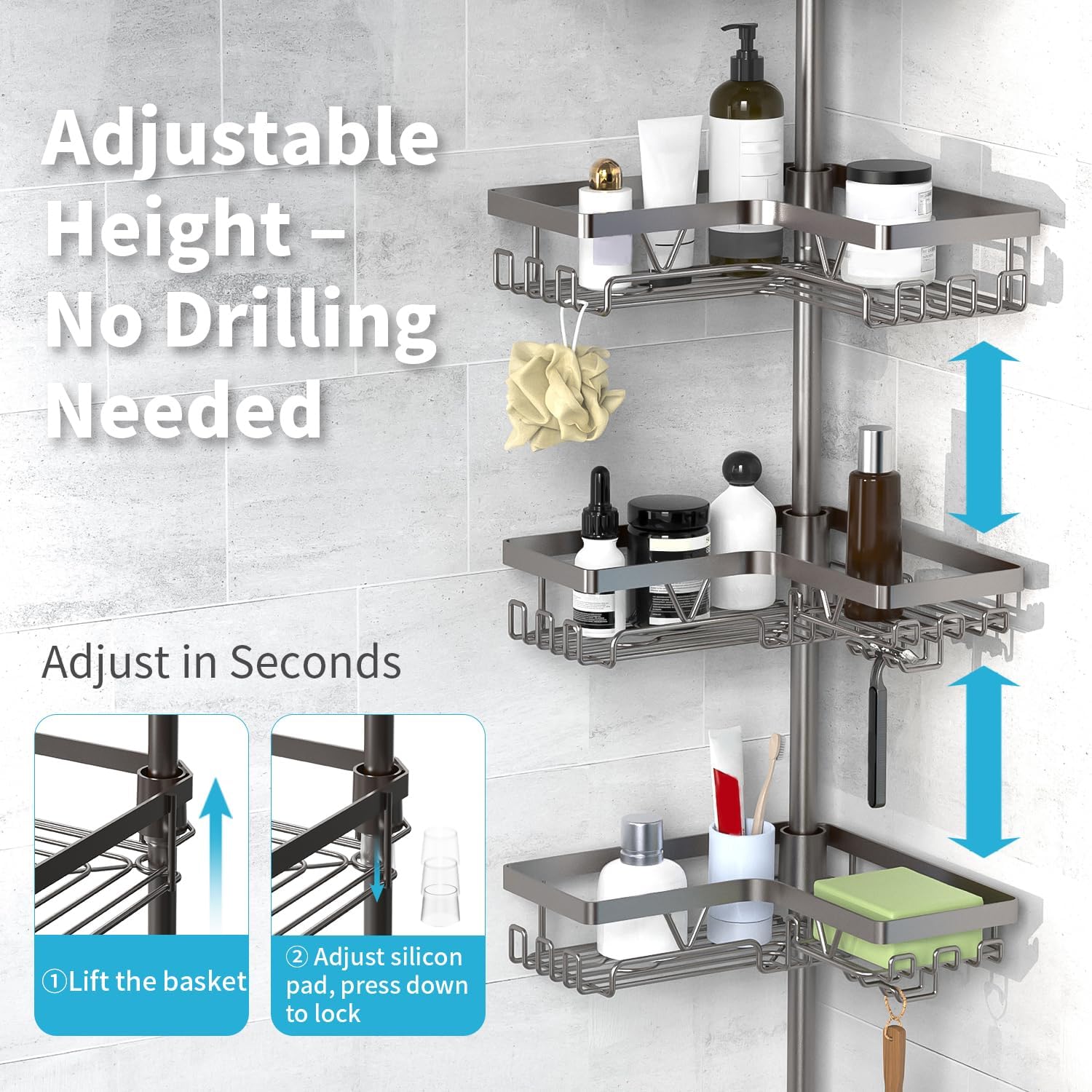 KEGII Corner Shower Caddy Tension Pole with Soap Dish & Razor Holder, Adjustable Bathroom Organizer with Hooks, 25-114.2 Inch Rustproof Storage Shelf for Renters & Apartments, Gunmetal Gray
