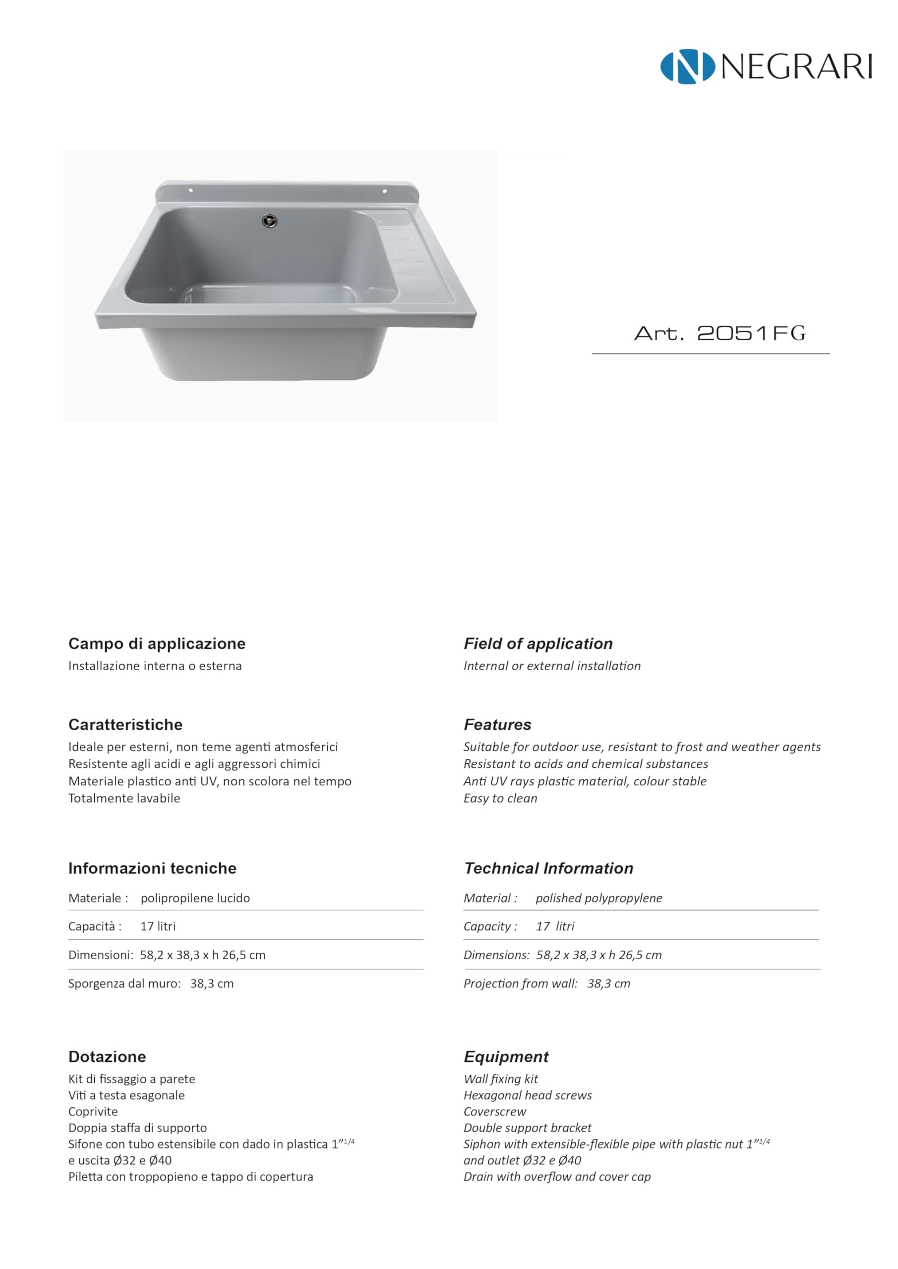 Negrari Lavabo de pared 2051FGAM de polipropileno gris con piletón de metal, resistente a los agentes atmosféricos, incluye kit de fijación y kit de desagüe, para exterior 58 x 38 x 21 cm
