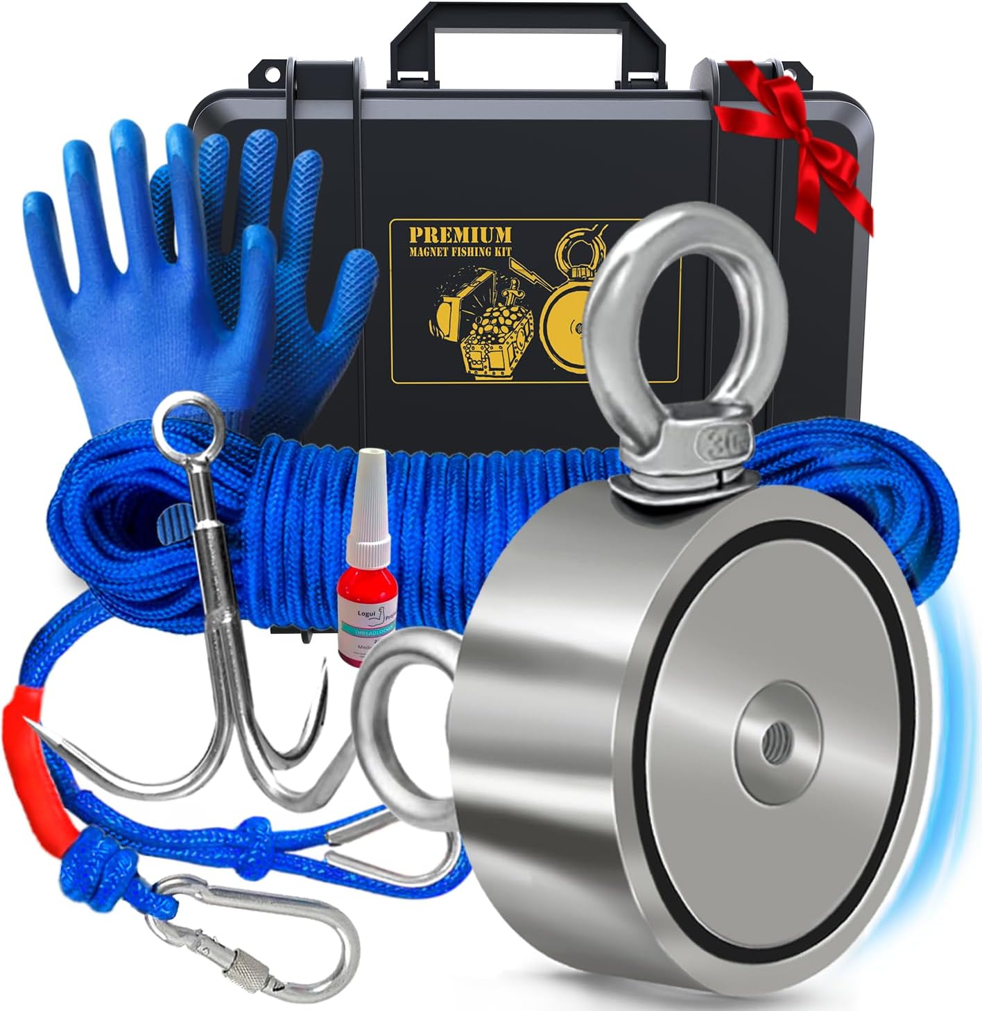 Logui Projects 1200 LB Magnet Fishing Kit with Case - 2 Fishing Magnets in 1 (Double Sided Magnet) - with Grappling Hook, Heavy Duty 65FT Rope, Gloves, Carabiner and Foldable Bucket.
