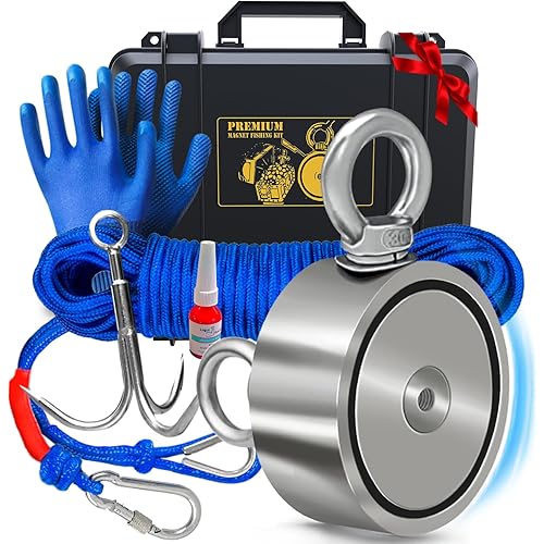 1200 LB Magnet Fishing Kit with Case - 2 Fishing Magnets in 1 (Double Sided Magnet) - with Grappling Hook, Heavy Duty 65FT Rope, Gloves, Carabiner and Foldable Bucket.
