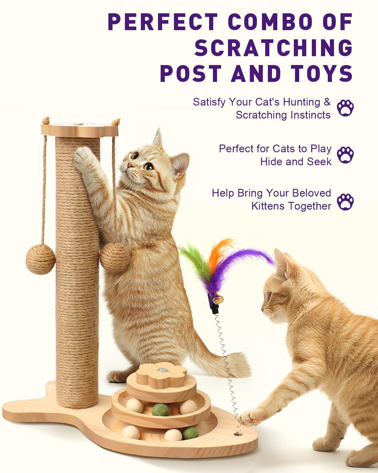 Multifunctional Cat Scratching Post, Scratching Post for Indoor Cats with Widened Solid Wood Base Two Sisal Rope Balls - Image 2