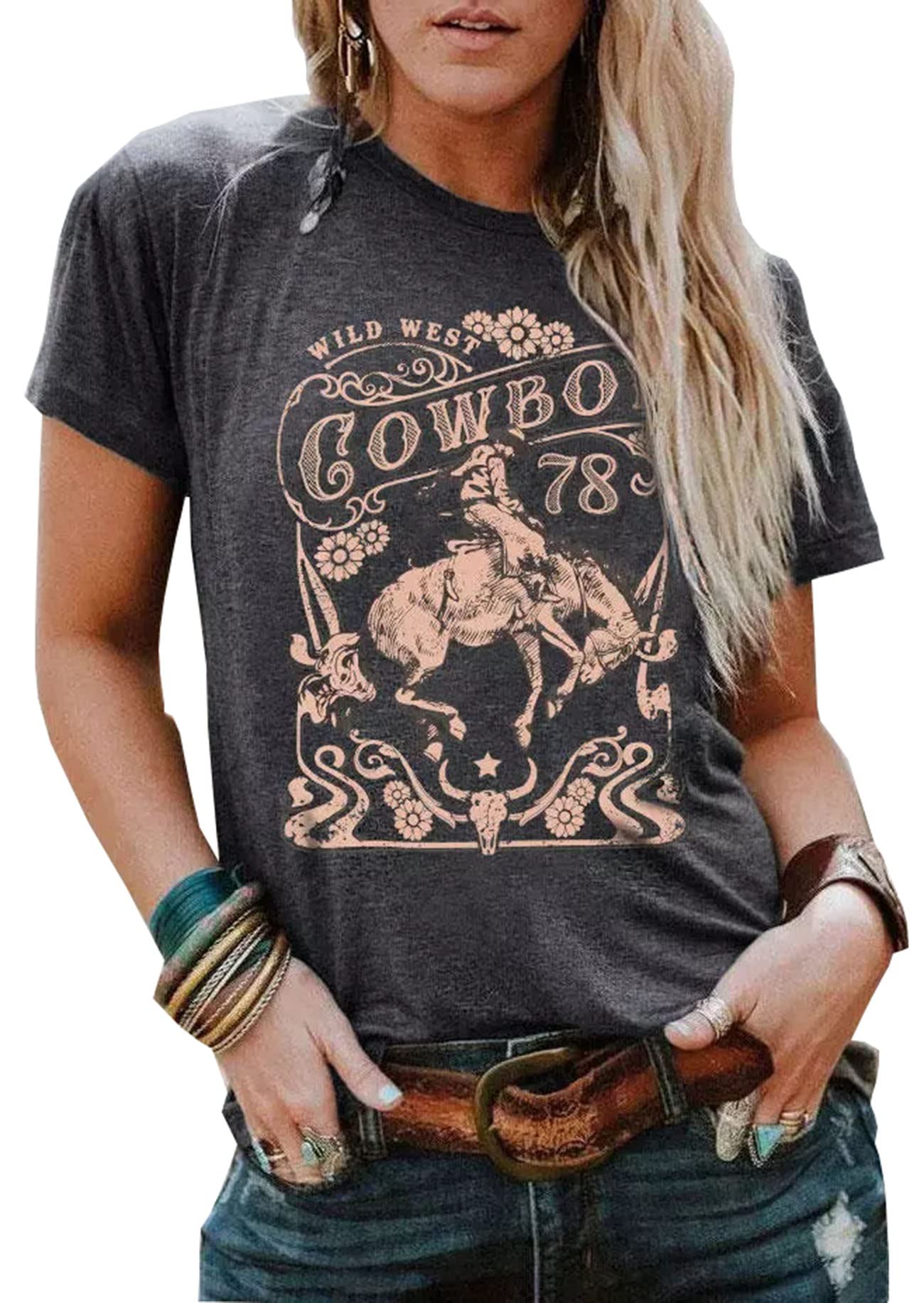 Western Rodeo T-Shirt Women Vintage Cattle Skull Cowboy Shirt Country Music