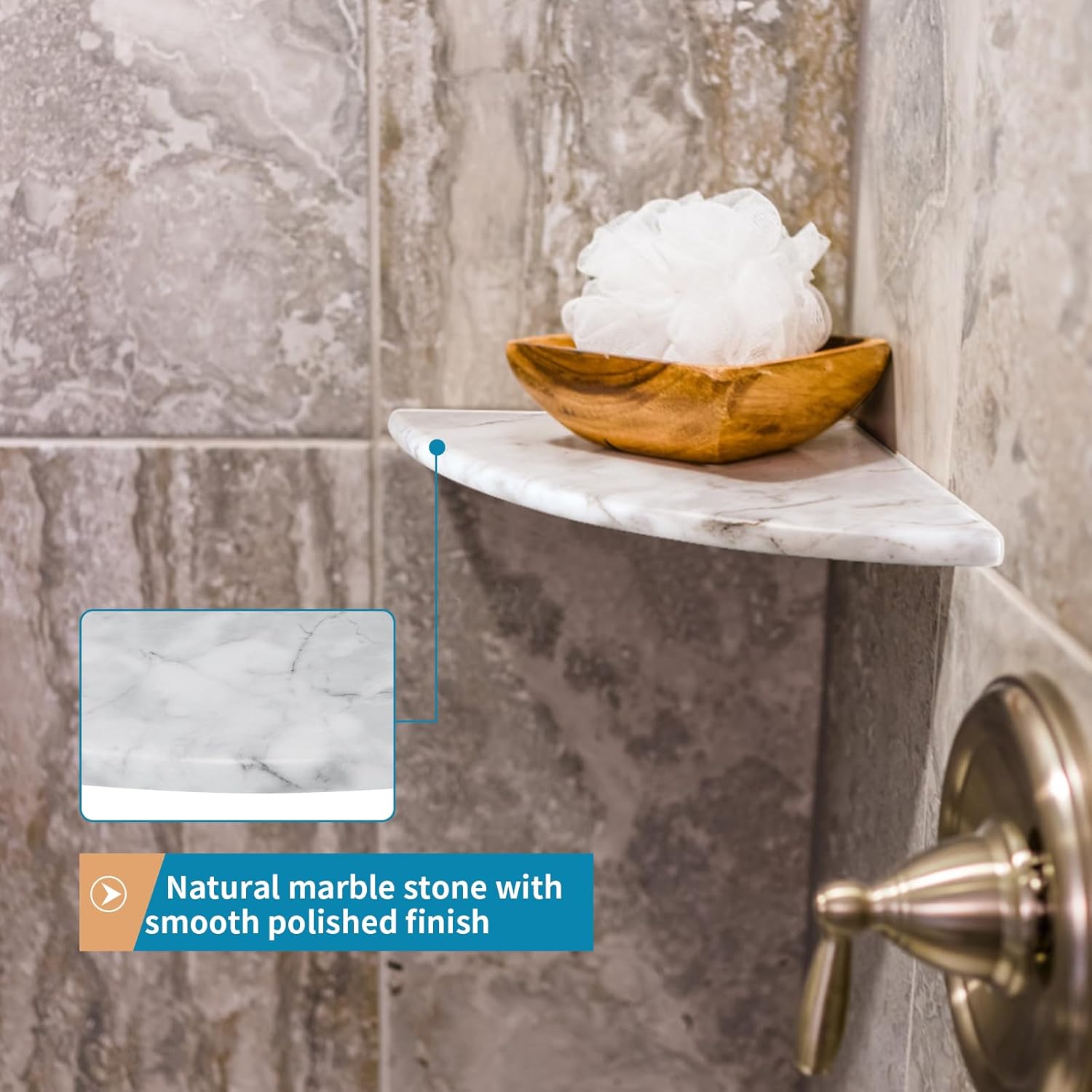 9" Marble Stone Corner Shelf Polished, Wall Mounted Shower Caddy, Floating Shampoo Holder for Bathroom, Kitchen, Living Room (Gray)